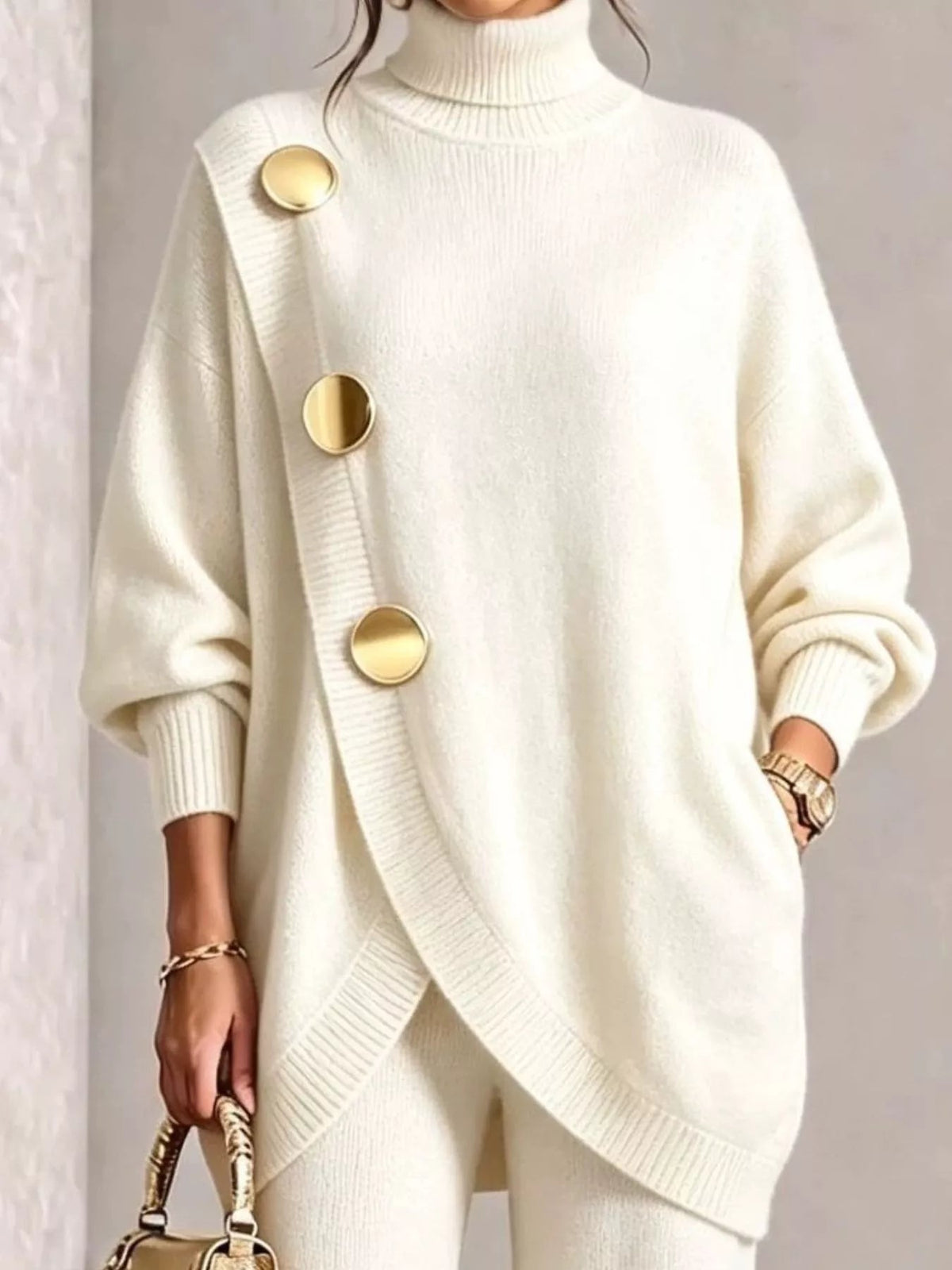 Full Size Elegant Turtleneck Asymmetric Button-Decorated Sweater and Pants Set Plus Size - Flip Flop Dynasty