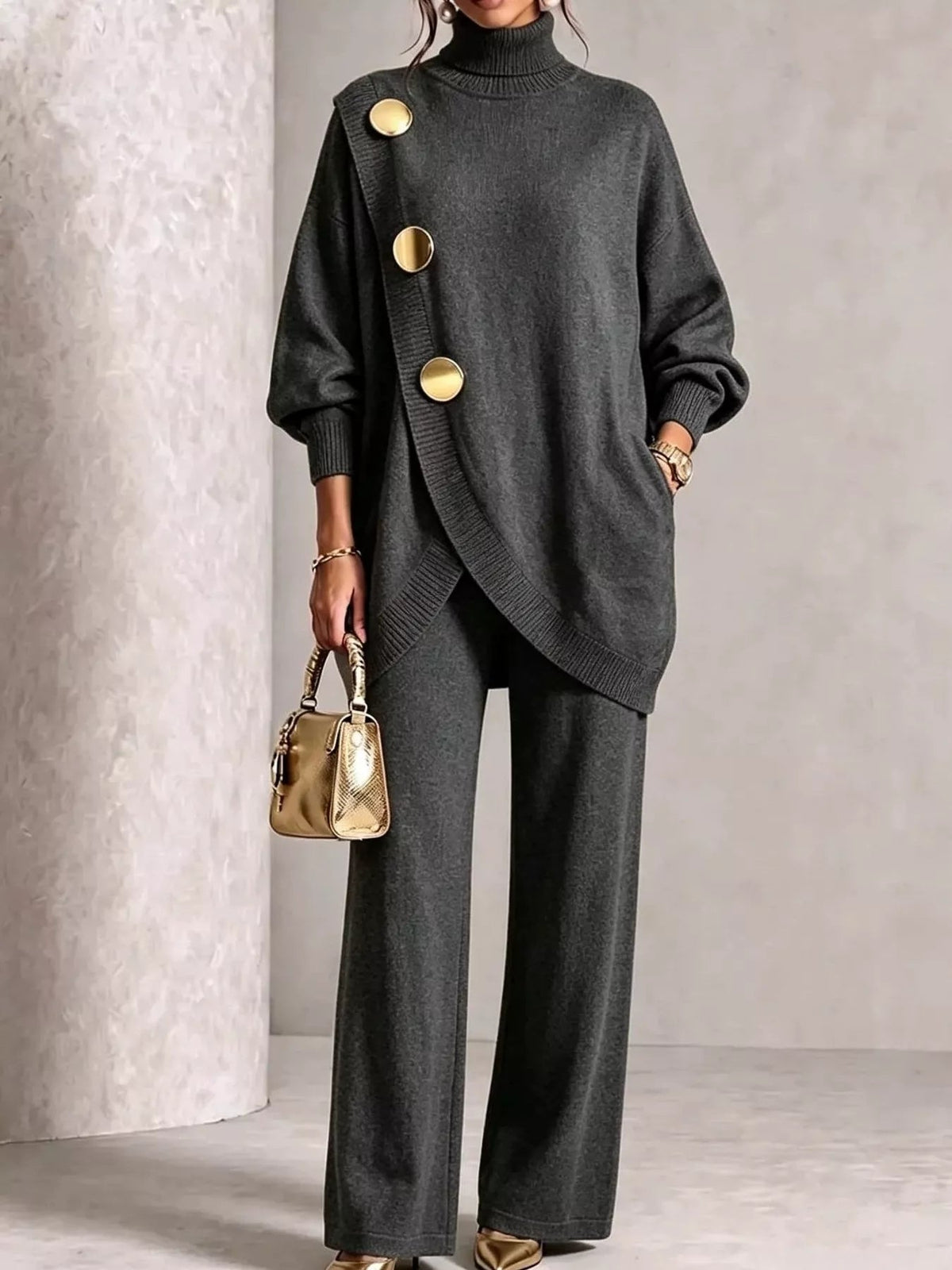 Full Size Elegant Turtleneck Asymmetric Button-Decorated Sweater and Pants Set Plus Size - Flip Flop Dynasty