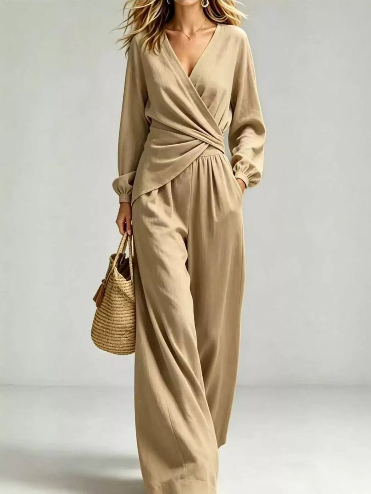 Full Size Elegant V-Neck Long Sleeve Top and Wide-Leg Pants Set Plus Size - Flip Flop Dynasty
