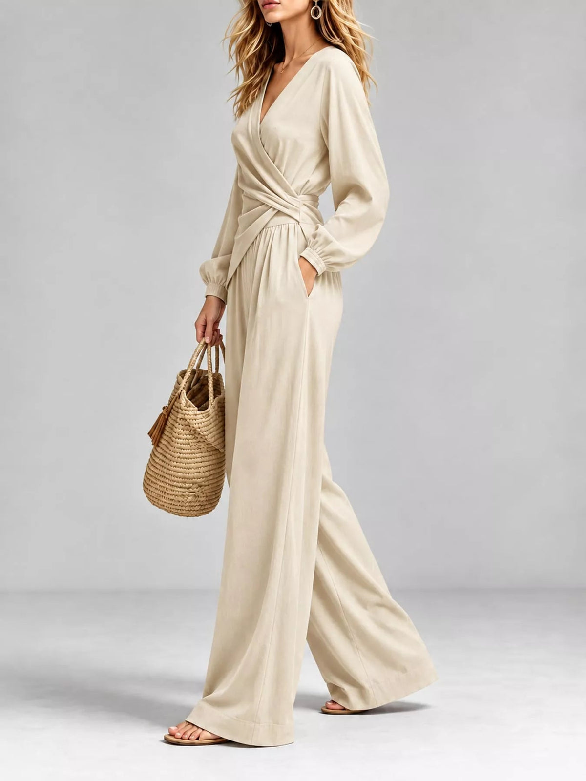 Full Size Elegant V-Neck Long Sleeve Top and Wide-Leg Pants Set Plus Size - Flip Flop Dynasty