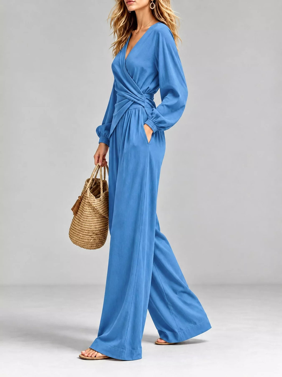 Full Size Elegant V-Neck Long Sleeve Top and Wide-Leg Pants Set Plus Size - Flip Flop Dynasty