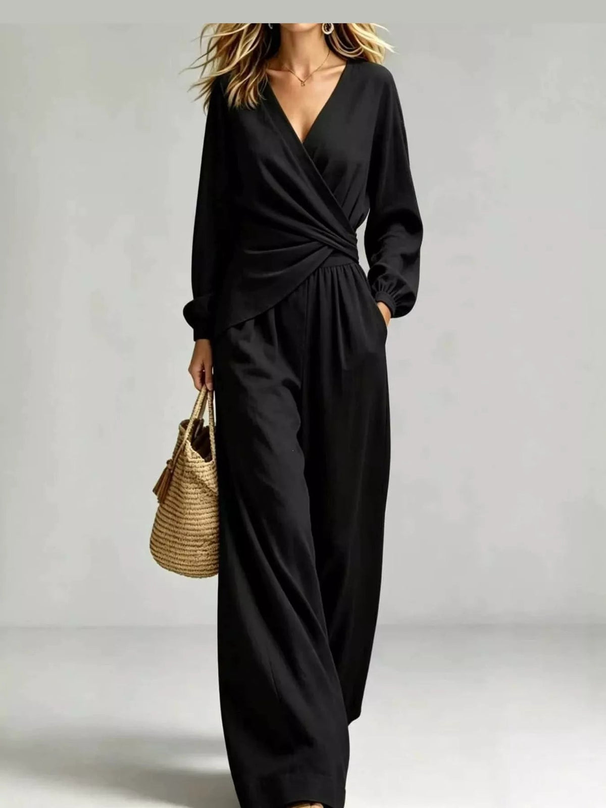 Full Size Elegant V-Neck Long Sleeve Top and Wide-Leg Pants Set Plus Size - Flip Flop Dynasty
