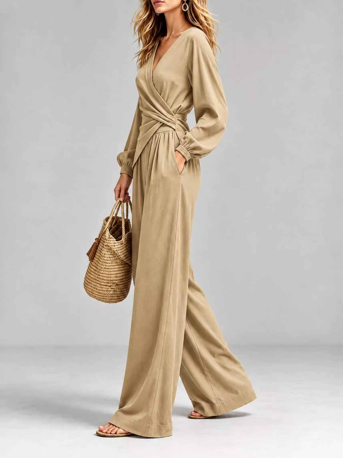 Full Size Elegant V-Neck Long Sleeve Top and Wide-Leg Pants Set Plus Size - Flip Flop Dynasty