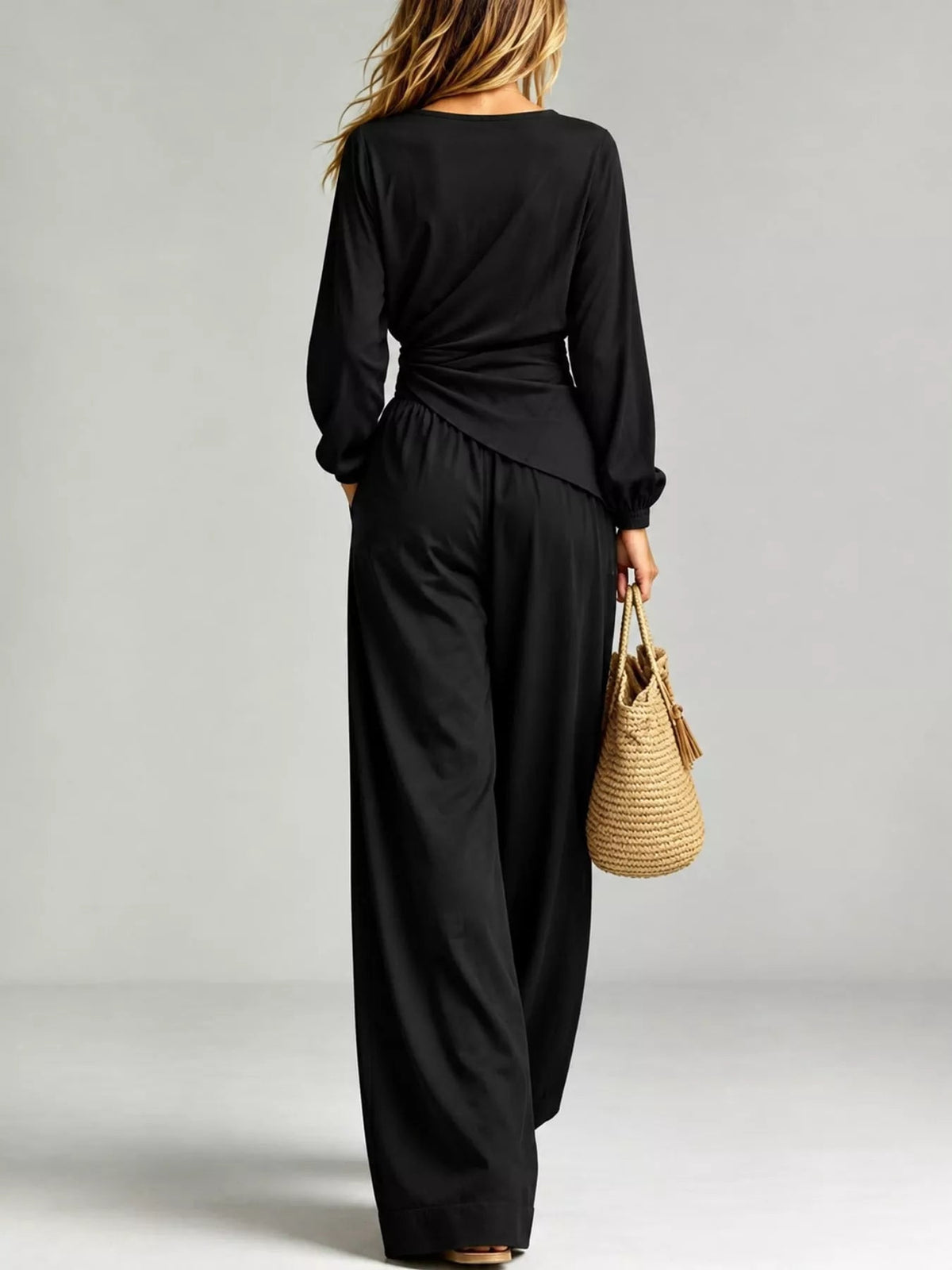 Full Size Elegant V-Neck Long Sleeve Top and Wide-Leg Pants Set Plus Size - Flip Flop Dynasty