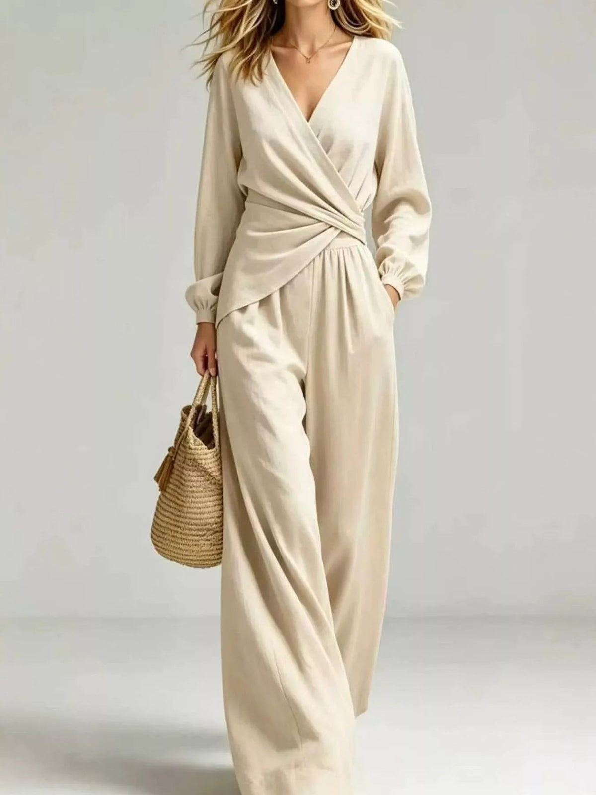 Full Size Elegant V-Neck Long Sleeve Top and Wide-Leg Pants Set Plus Size - Flip Flop Dynasty