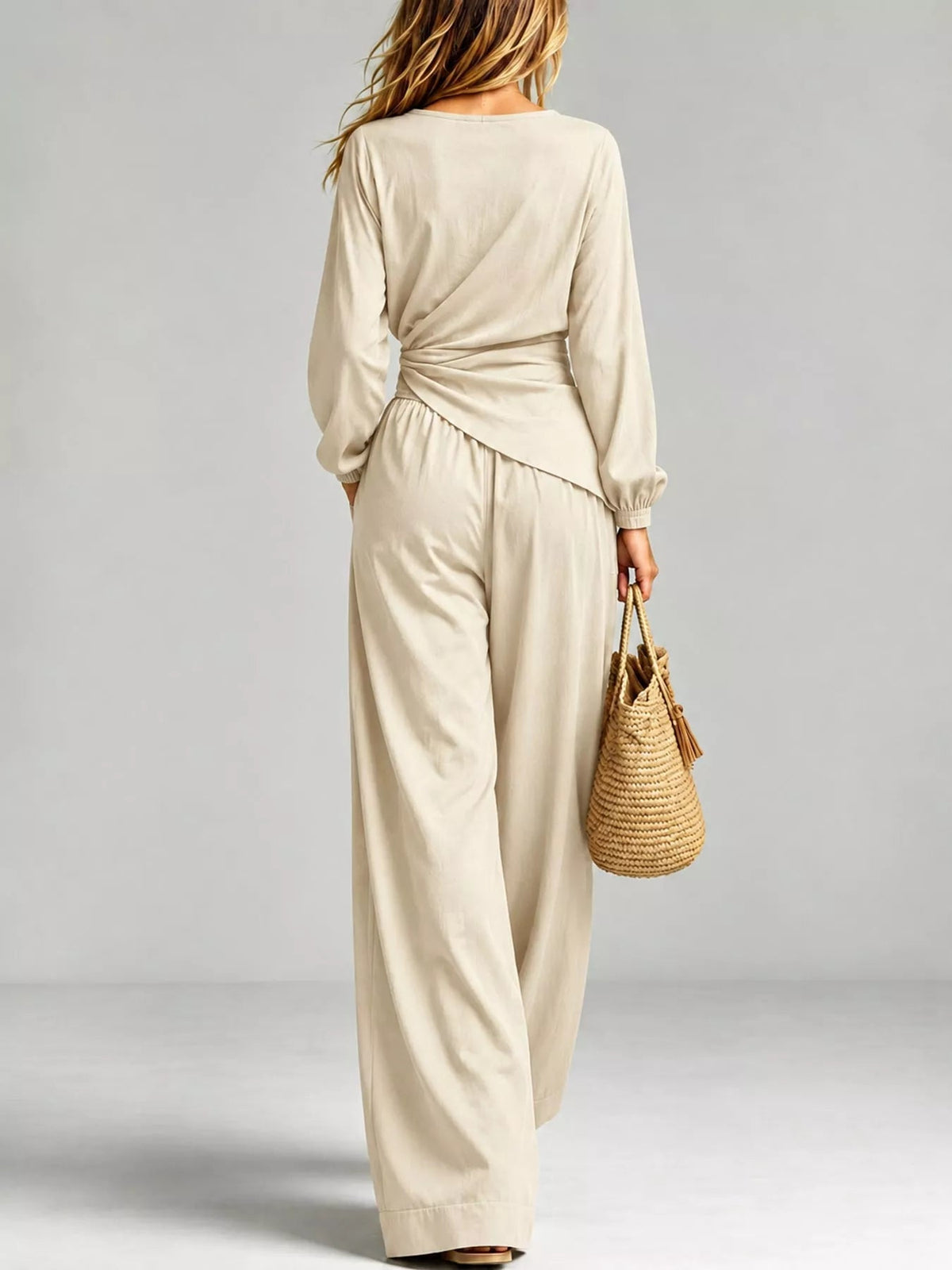 Full Size Elegant V-Neck Long Sleeve Top and Wide-Leg Pants Set Plus Size - Flip Flop Dynasty