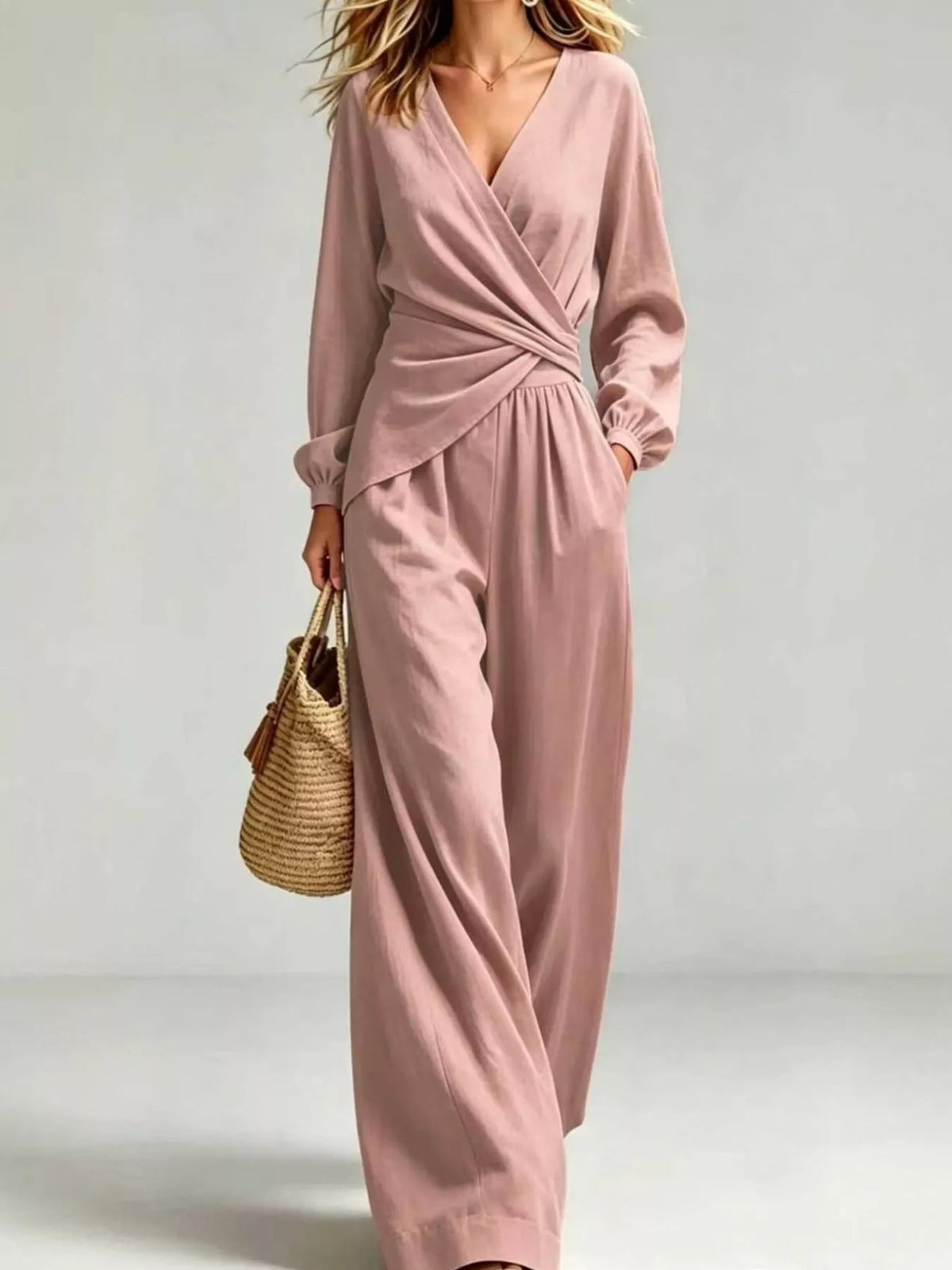 Full Size Elegant V-Neck Long Sleeve Top and Wide-Leg Pants Set Plus Size - Flip Flop Dynasty
