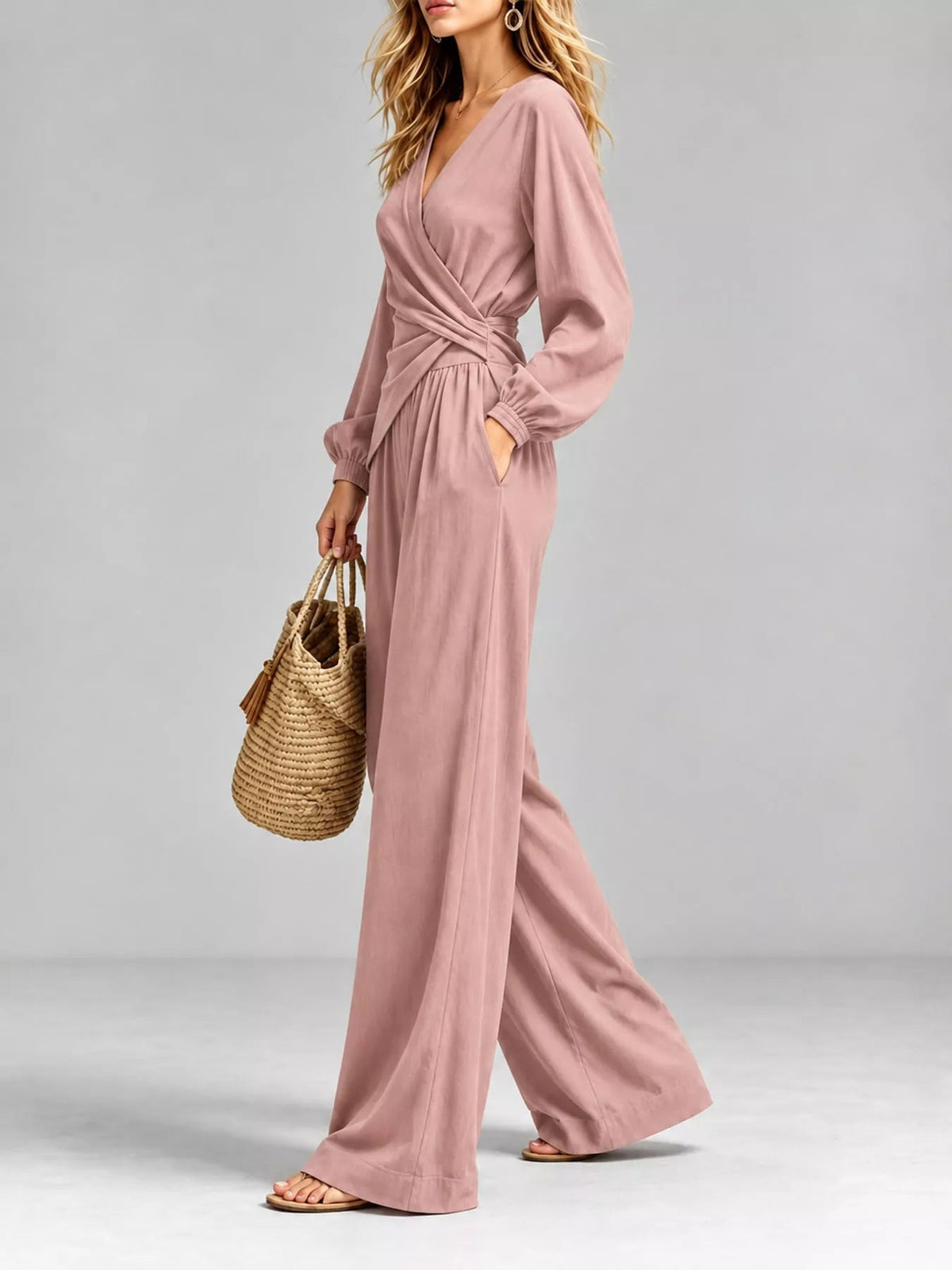 Full Size Elegant V-Neck Long Sleeve Top and Wide-Leg Pants Set Plus Size - Flip Flop Dynasty