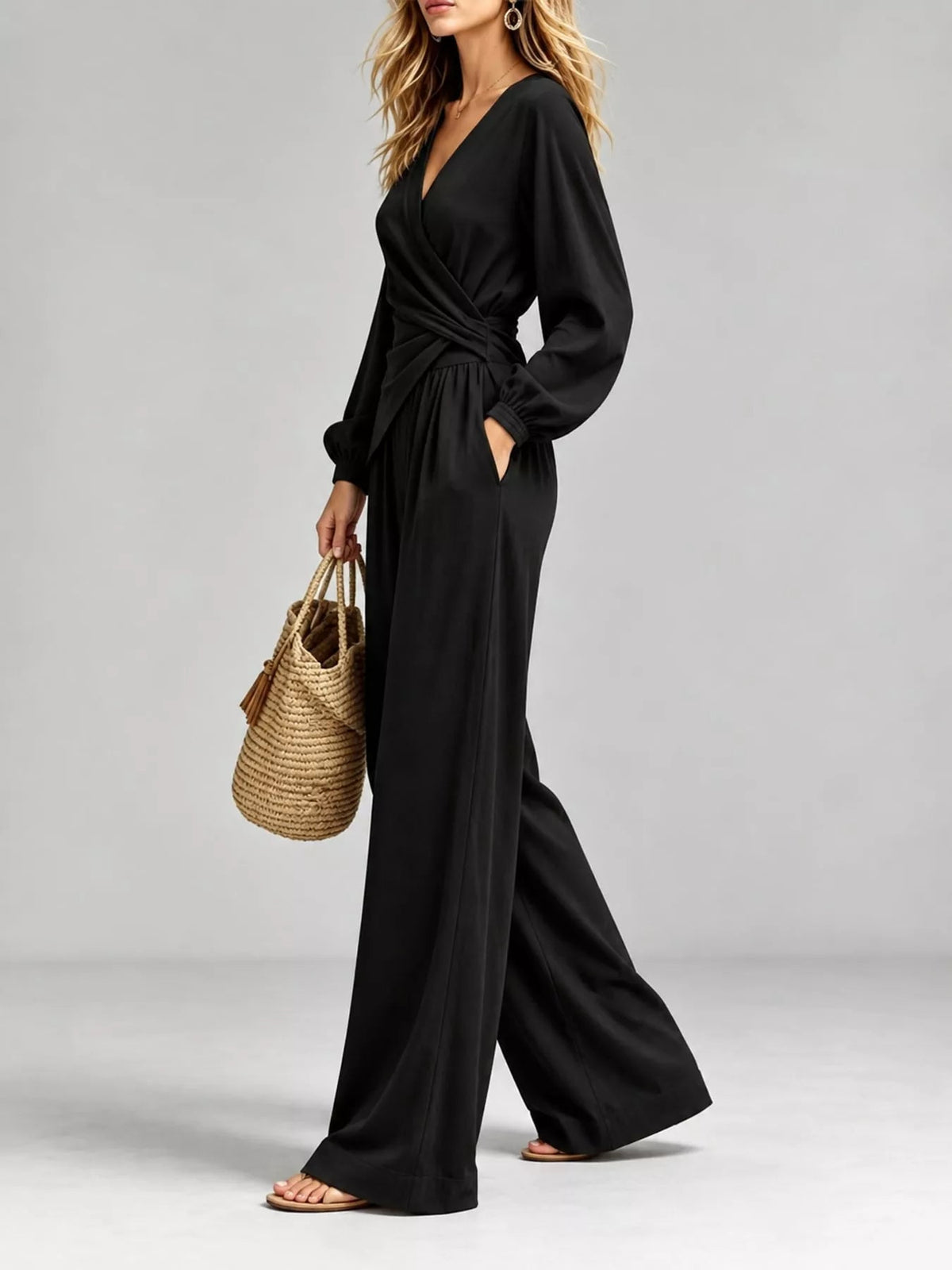 Full Size Elegant V-Neck Long Sleeve Top and Wide-Leg Pants Set Plus Size - Flip Flop Dynasty