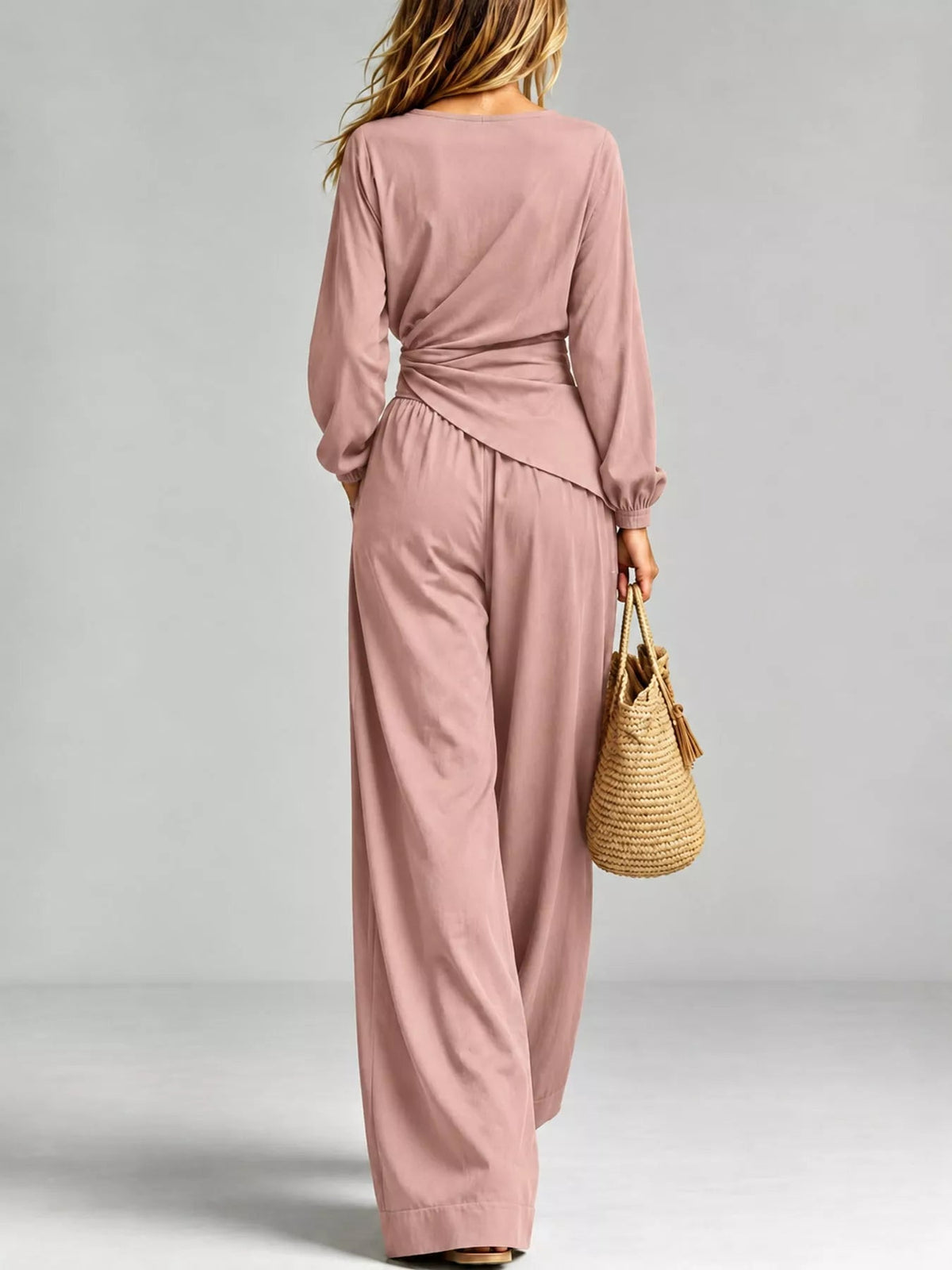 Full Size Elegant V-Neck Long Sleeve Top and Wide-Leg Pants Set Plus Size - Flip Flop Dynasty