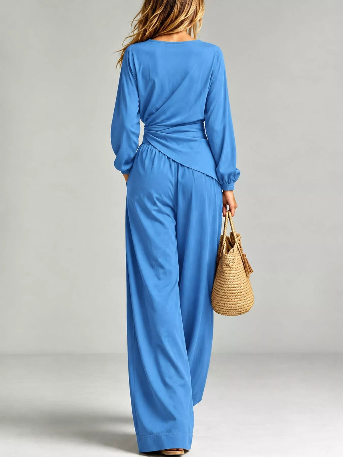 Full Size Elegant V-Neck Long Sleeve Top and Wide-Leg Pants Set Plus Size - Flip Flop Dynasty