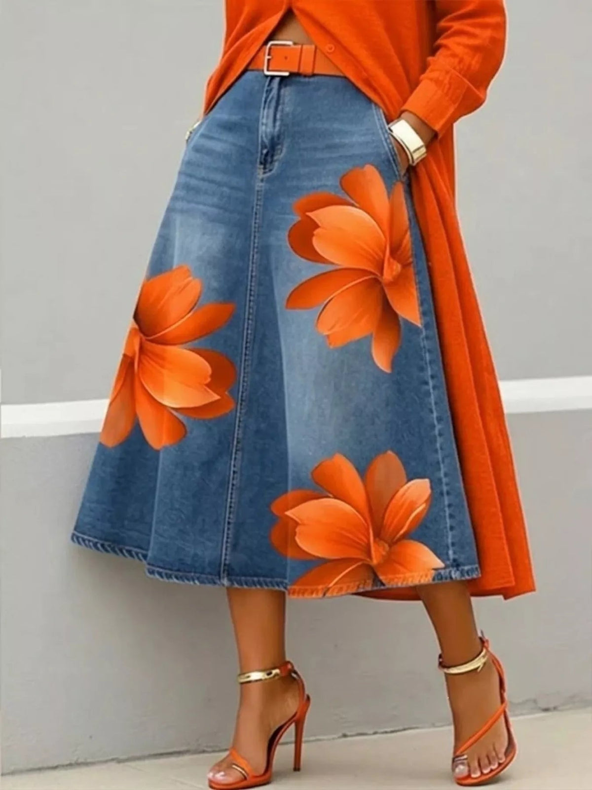 Full Size Floral Print A-Line Midi Skirt Plus Size - Flip Flop Dynasty