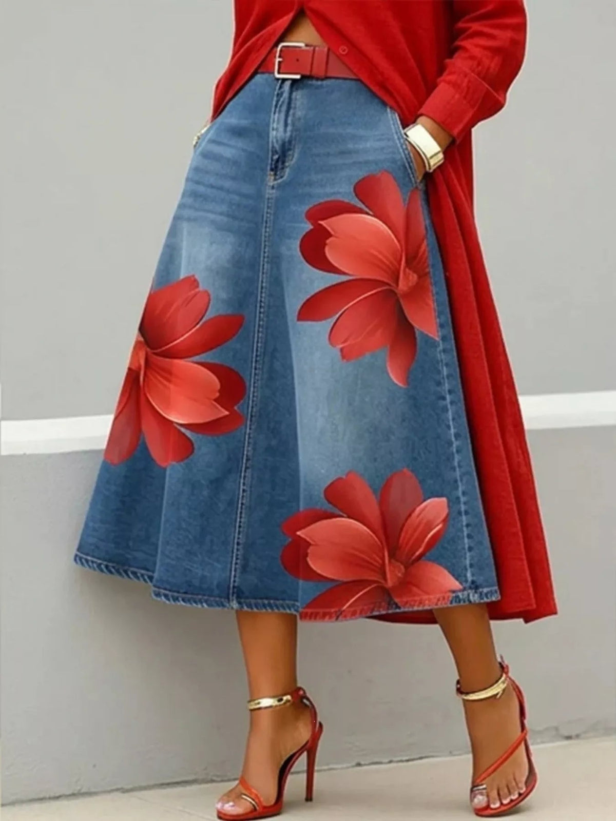Full Size Floral Print A-Line Midi Skirt Plus Size - Flip Flop Dynasty