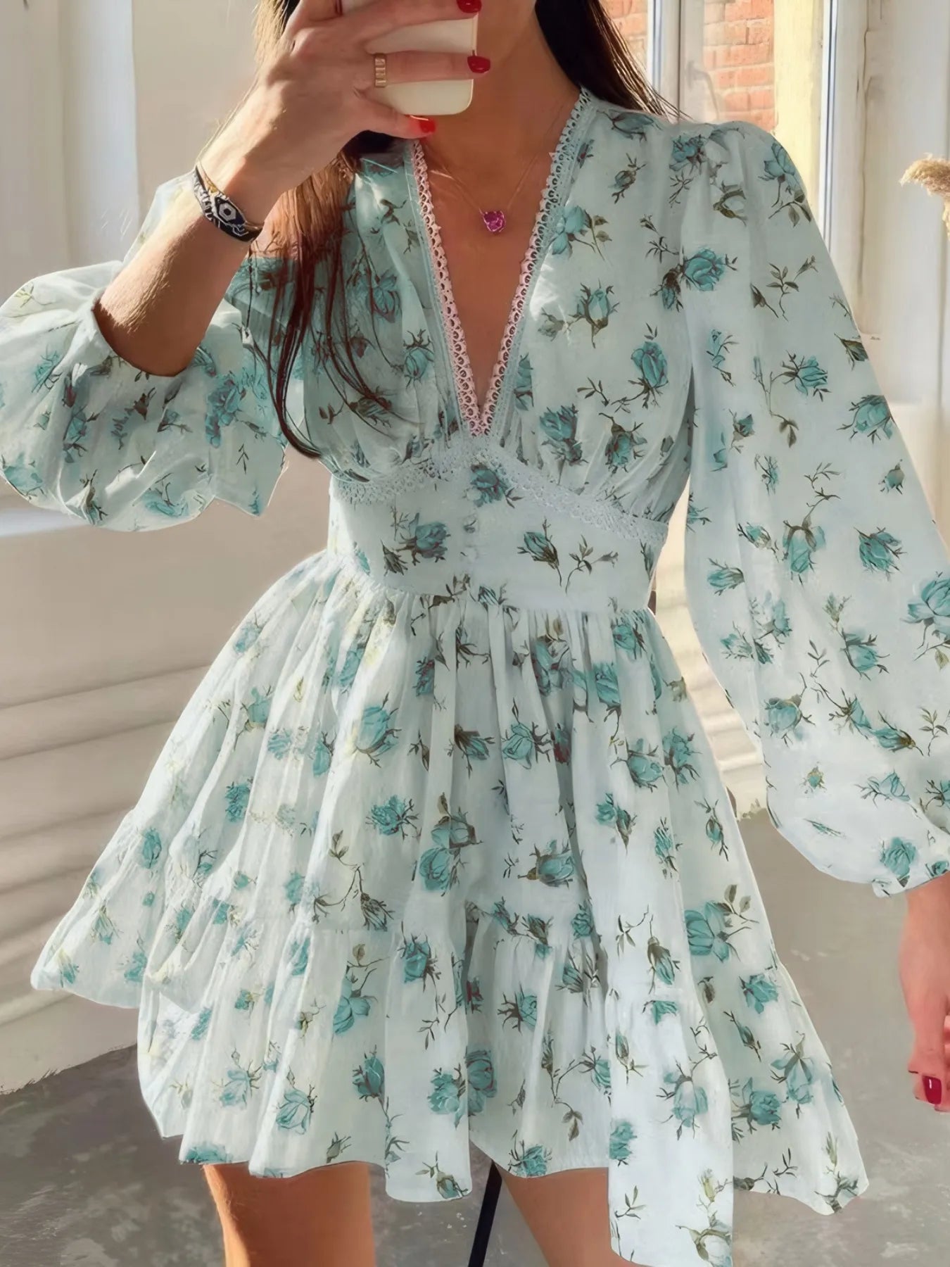 Full Size Floral Print Lace Detail V - Neck Mini Dress Plus SIze - Flip Flop Dynasty