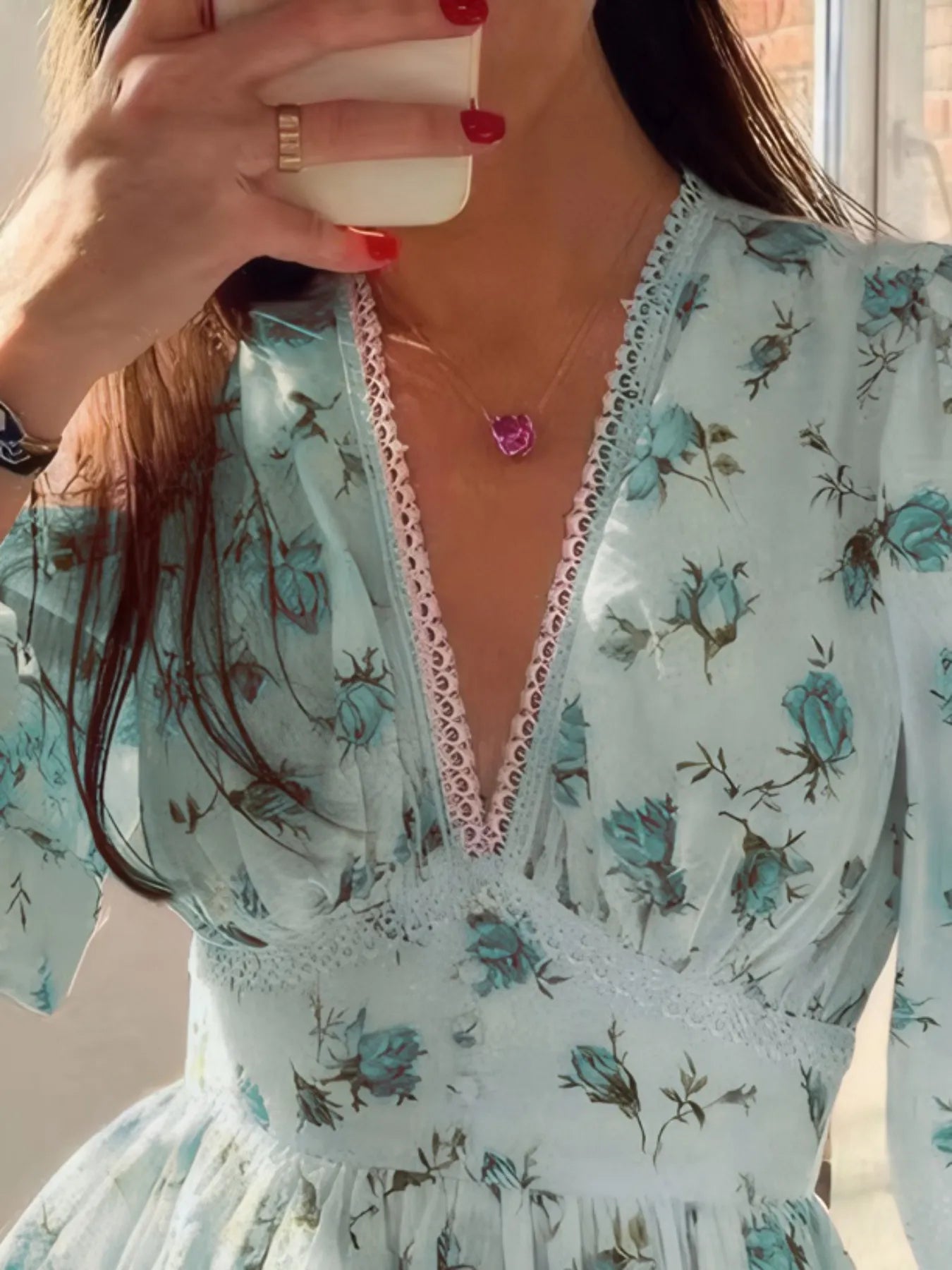 Full Size Floral Print Lace Detail V - Neck Mini Dress Plus SIze - Flip Flop Dynasty