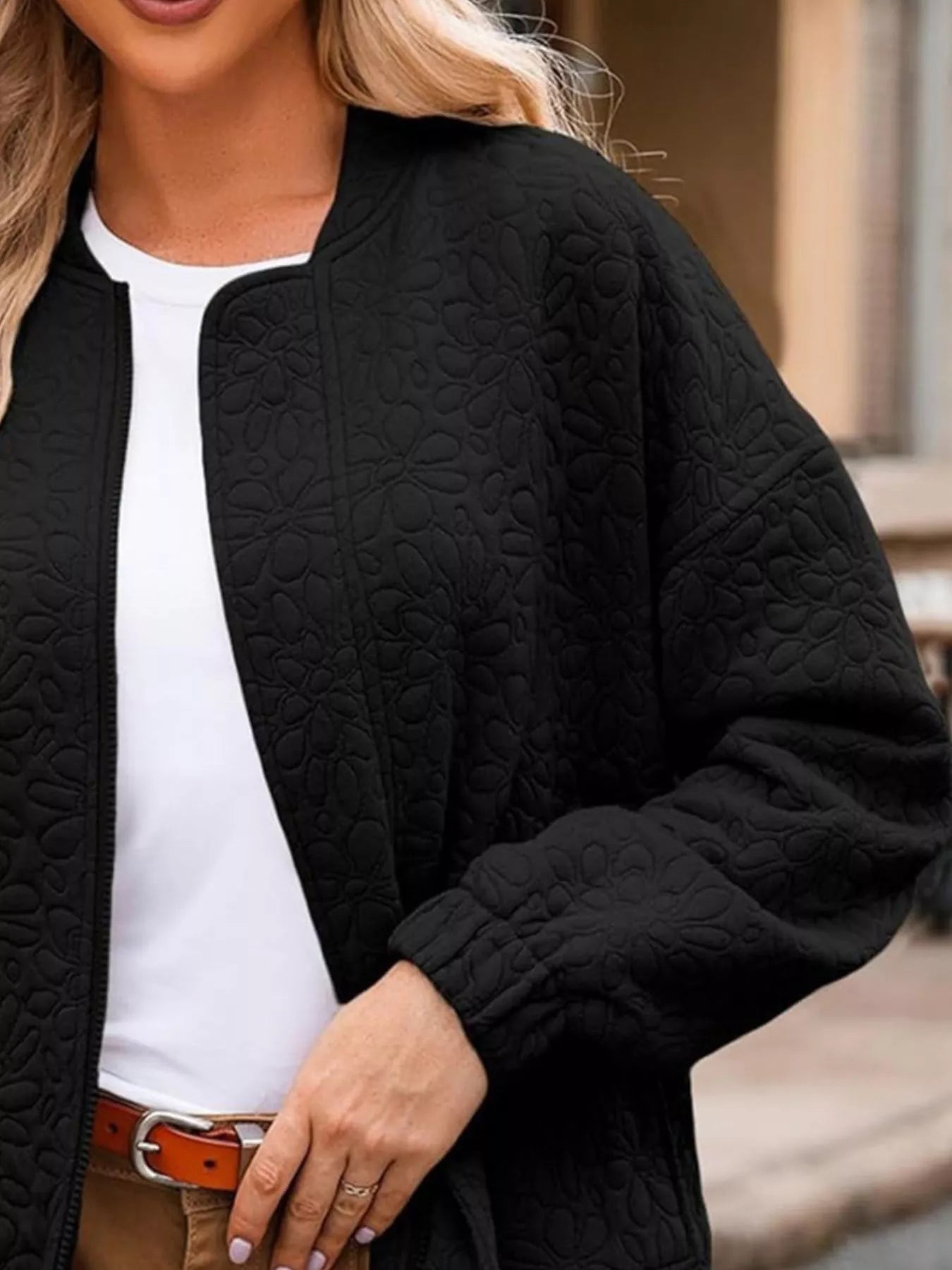 Full Size Floral Quilted Zip Up Jacket Plus Size - Flip Flop Dynasty