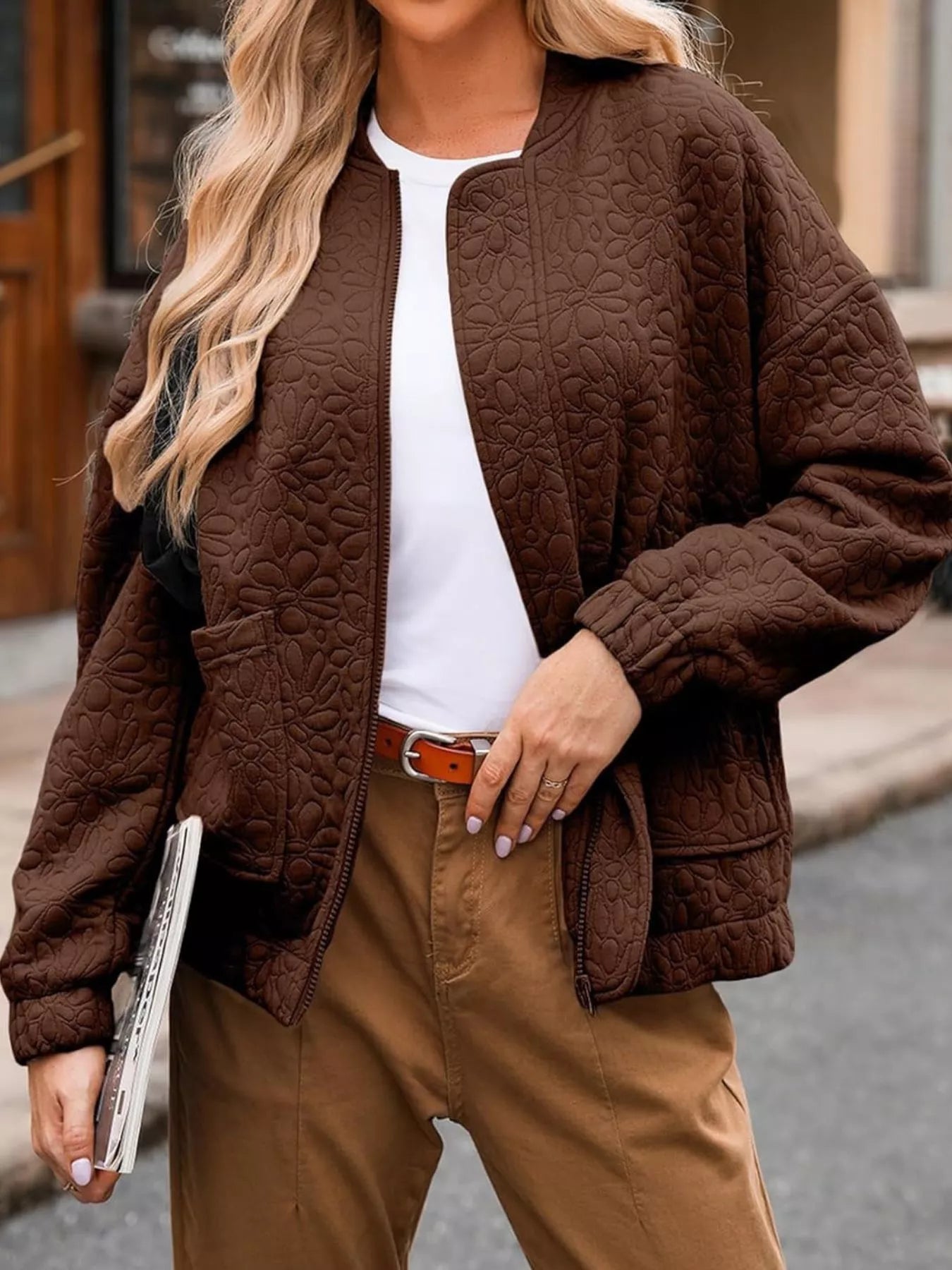 Full Size Floral Quilted Zip Up Jacket Plus Size - Flip Flop Dynasty