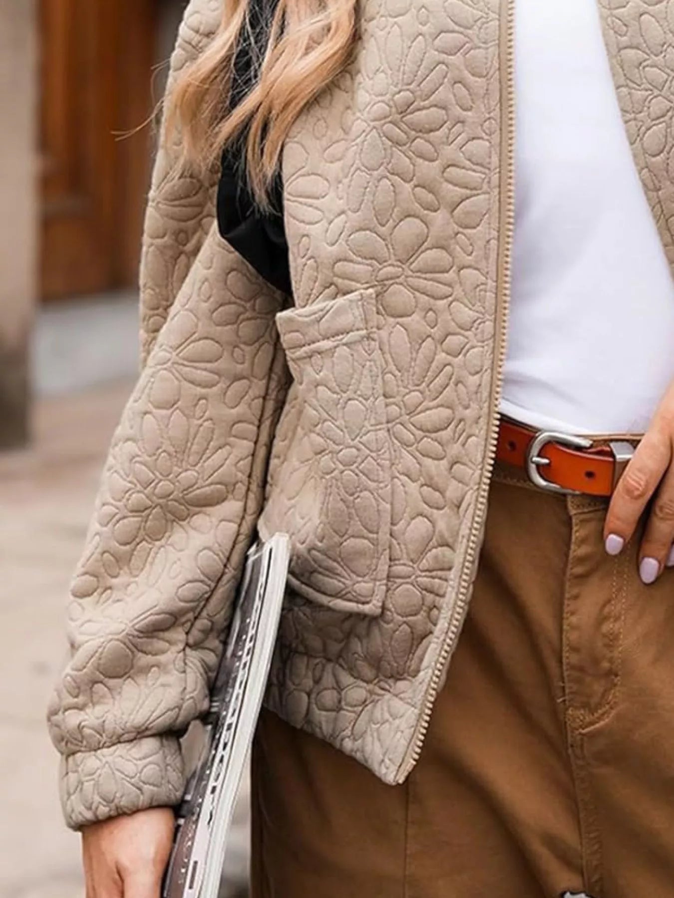 Full Size Floral Quilted Zip Up Jacket Plus Size - Flip Flop Dynasty