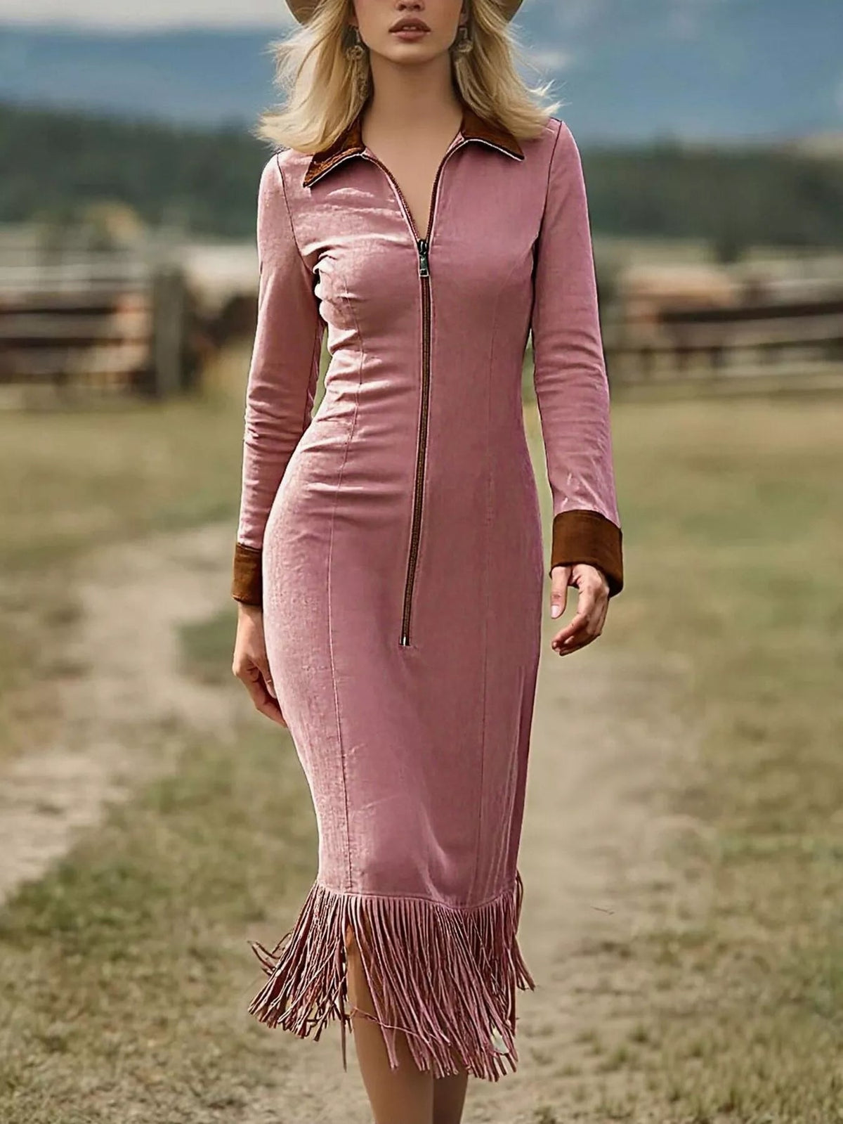 Full Size Fringe Hem Zip Front Midi Dress Plus Size - Flip Flop Dynasty