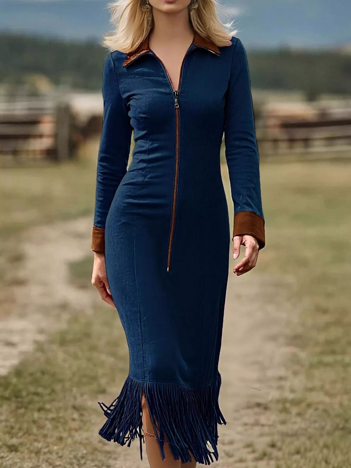 Full Size Fringe Hem Zip Front Midi Dress Plus Size - Flip Flop Dynasty