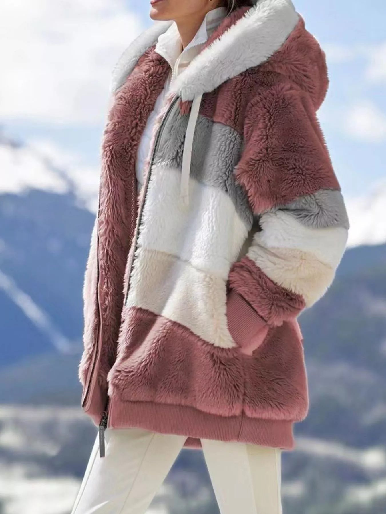 Full Size Fuzzy Zip Up Hooded Outerwear Plus Size - Flip Flop Dynasty