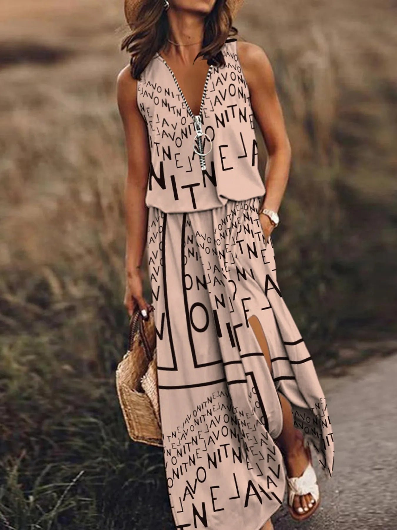 Full Size Half Zip Sleeveless Maxi Dress with Side Slit Plus Size - Flip Flop Dynasty