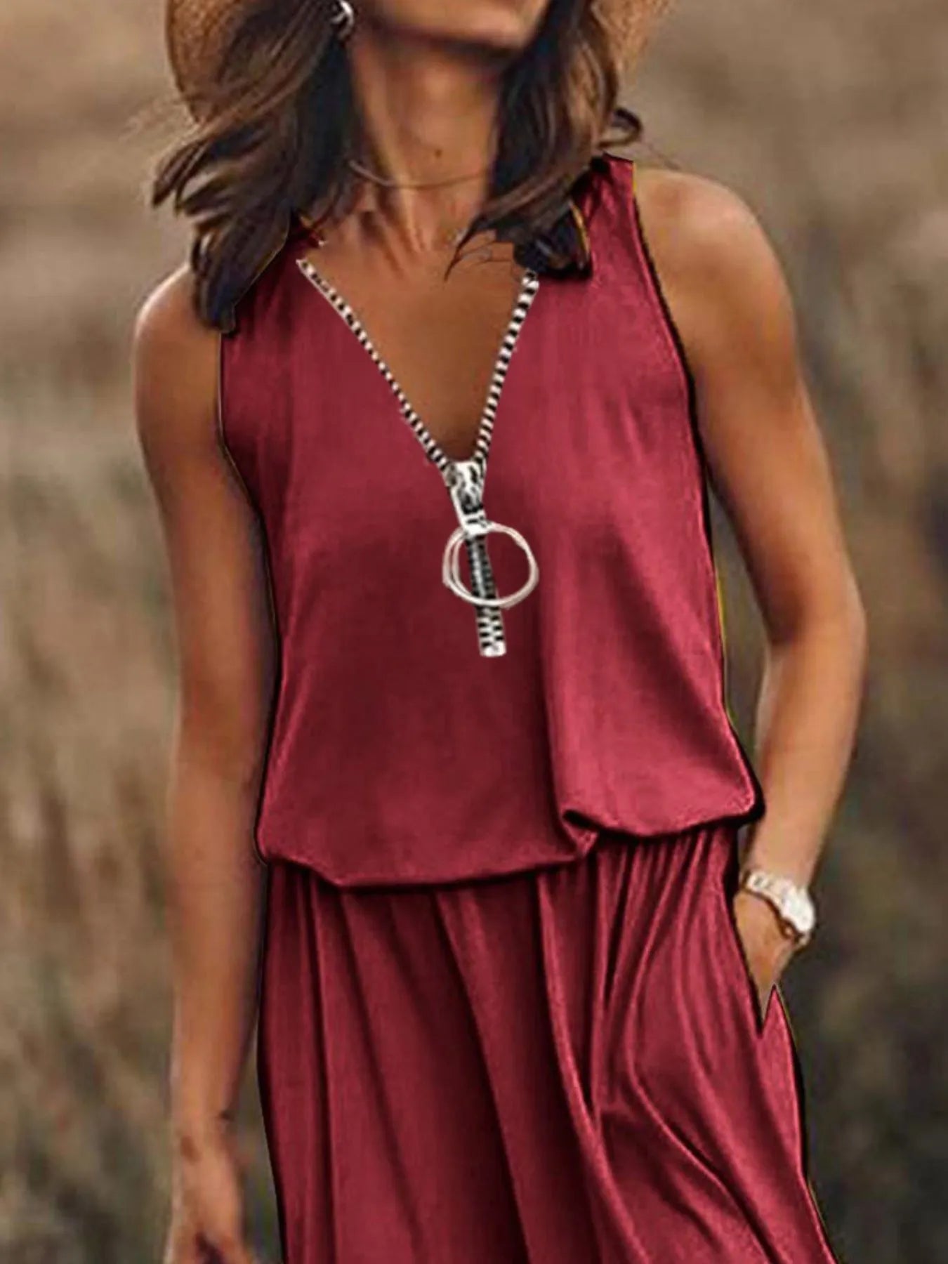Full Size Half Zip Sleeveless Maxi Dress with Side Slit Plus Size - Flip Flop Dynasty
