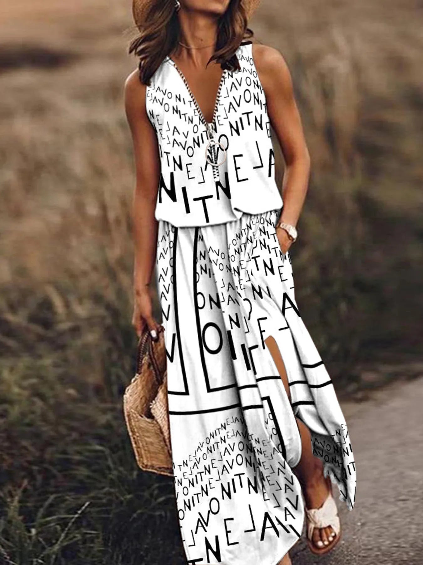 Full Size Half Zip Sleeveless Maxi Dress with Side Slit Plus Size - Flip Flop Dynasty