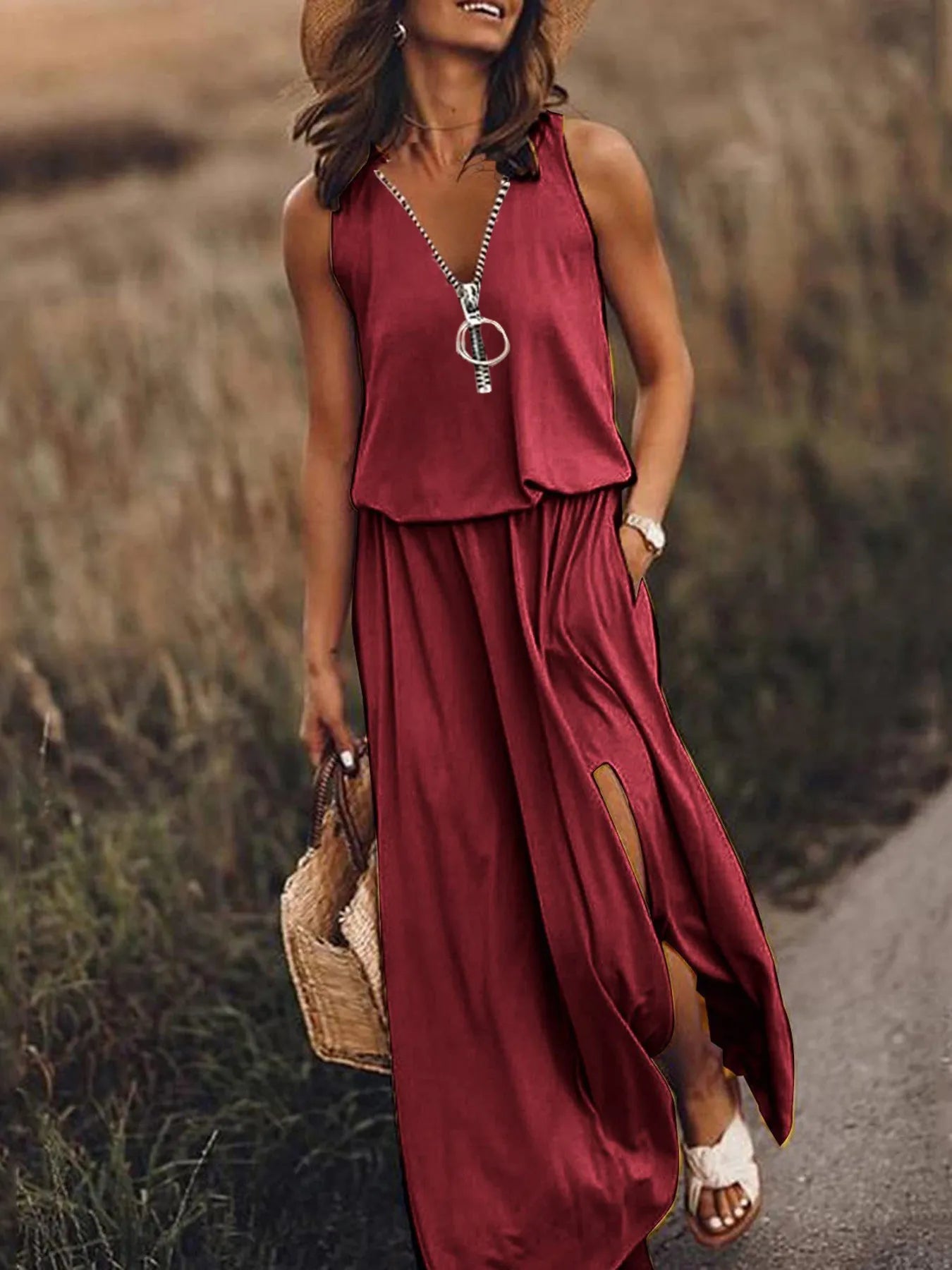 Full Size Half Zip Sleeveless Maxi Dress with Side Slit Plus Size - Flip Flop Dynasty