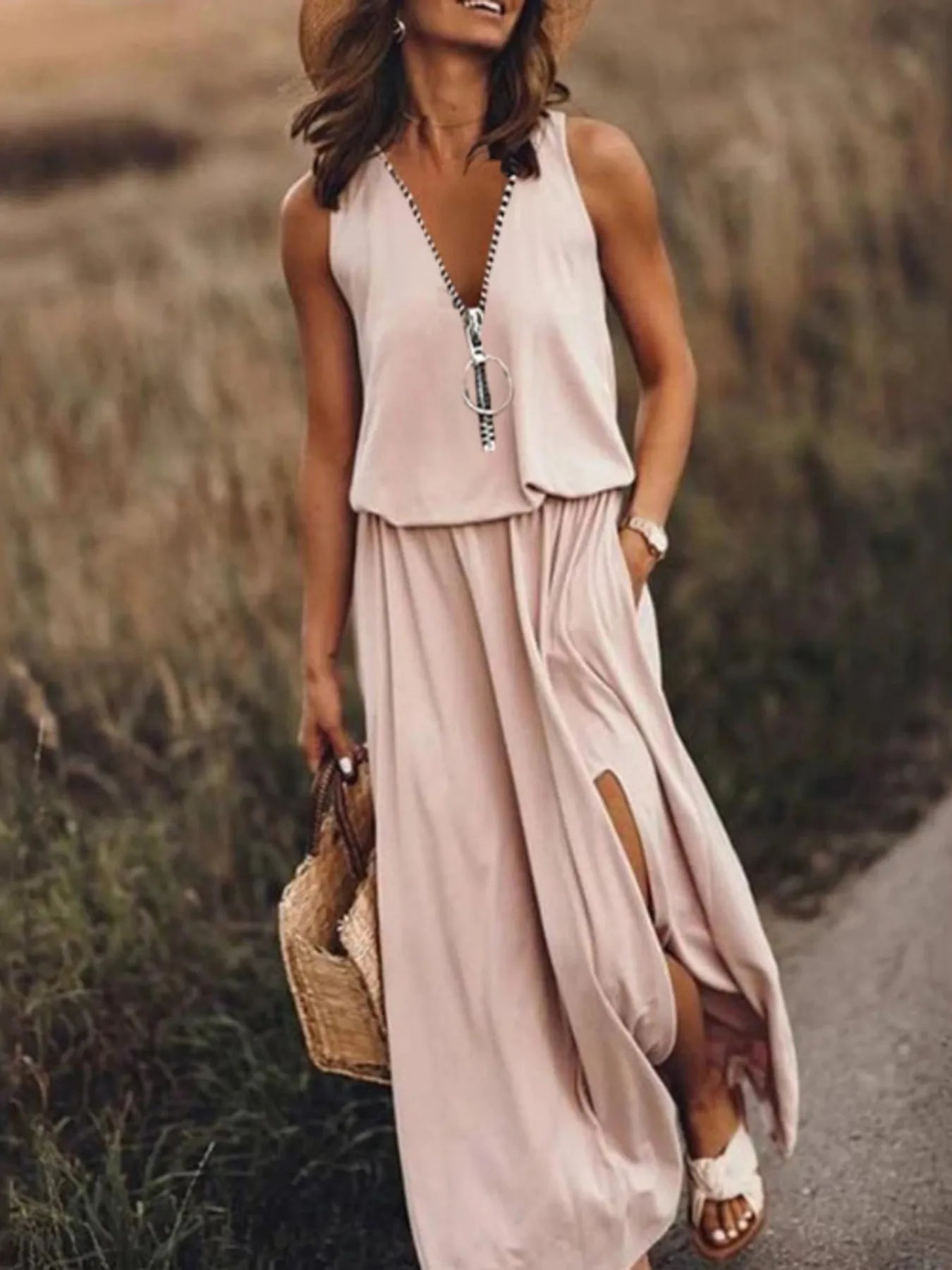 Full Size Half Zip Sleeveless Maxi Dress with Side Slit Plus Size - Flip Flop Dynasty