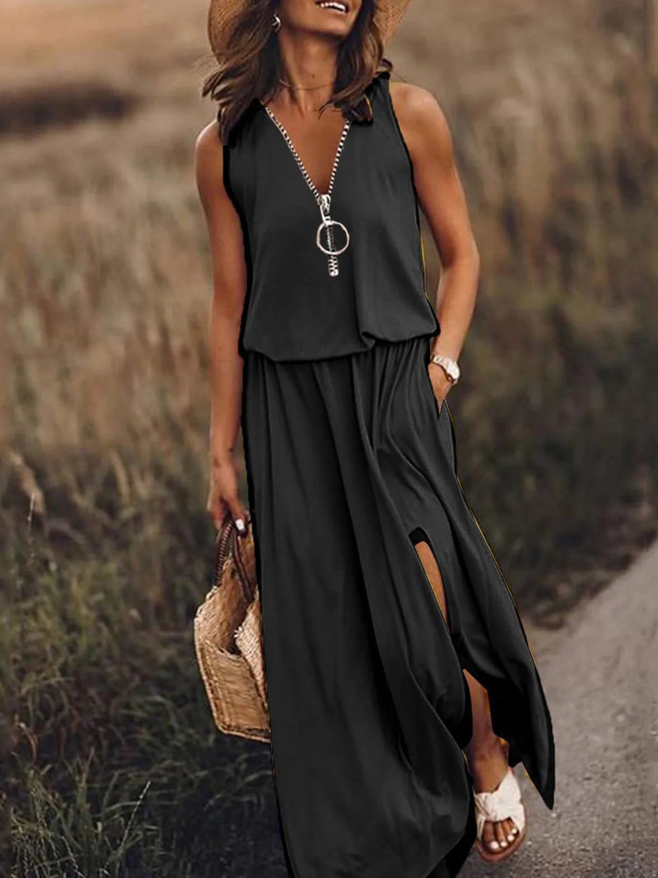 Full Size Half Zip Sleeveless Maxi Dress with Side Slit Plus Size - Flip Flop Dynasty