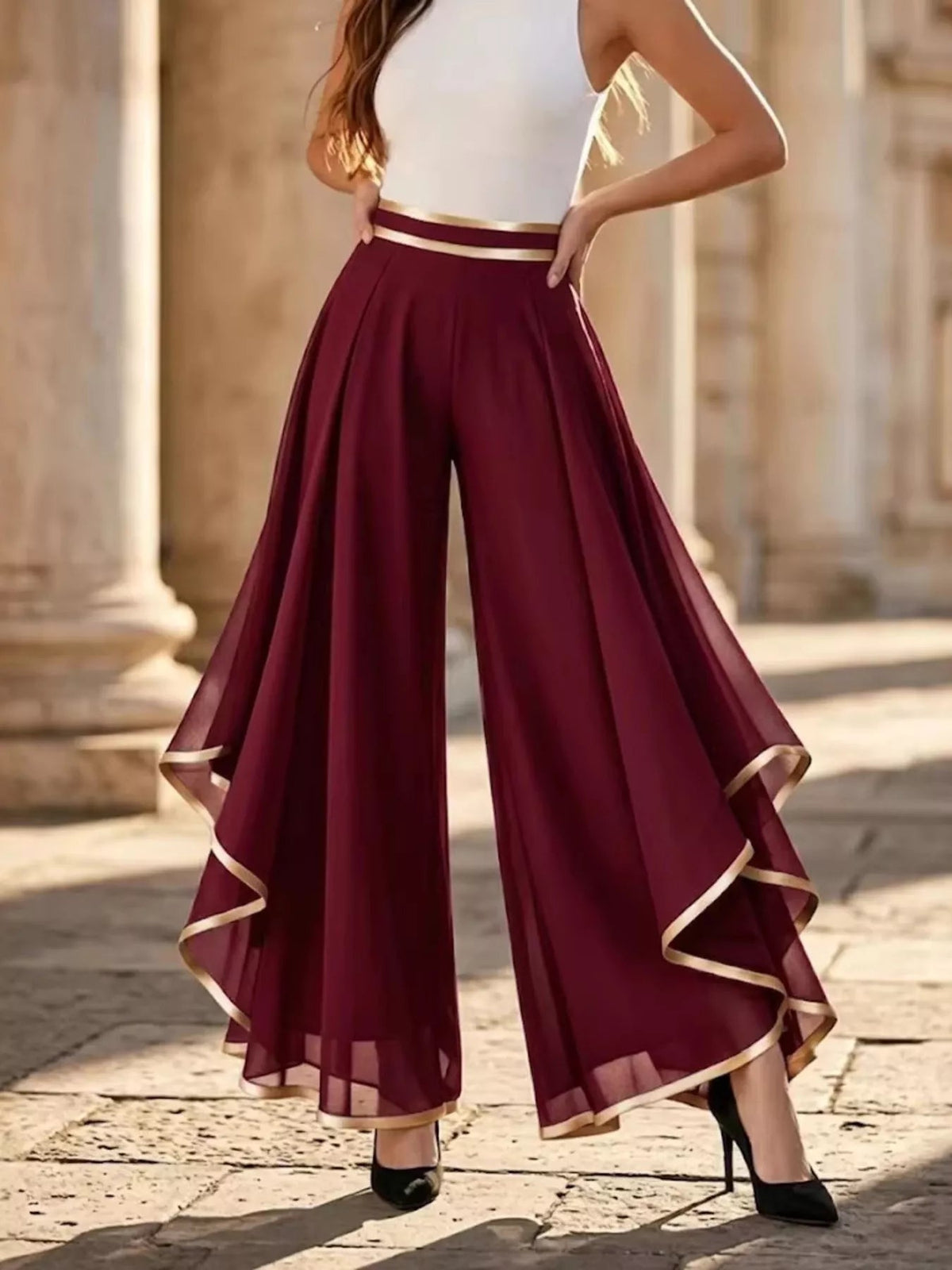 Full Size High-Waisted Chiffon Wide-Leg Pants Plus Size - Flip Flop Dynasty