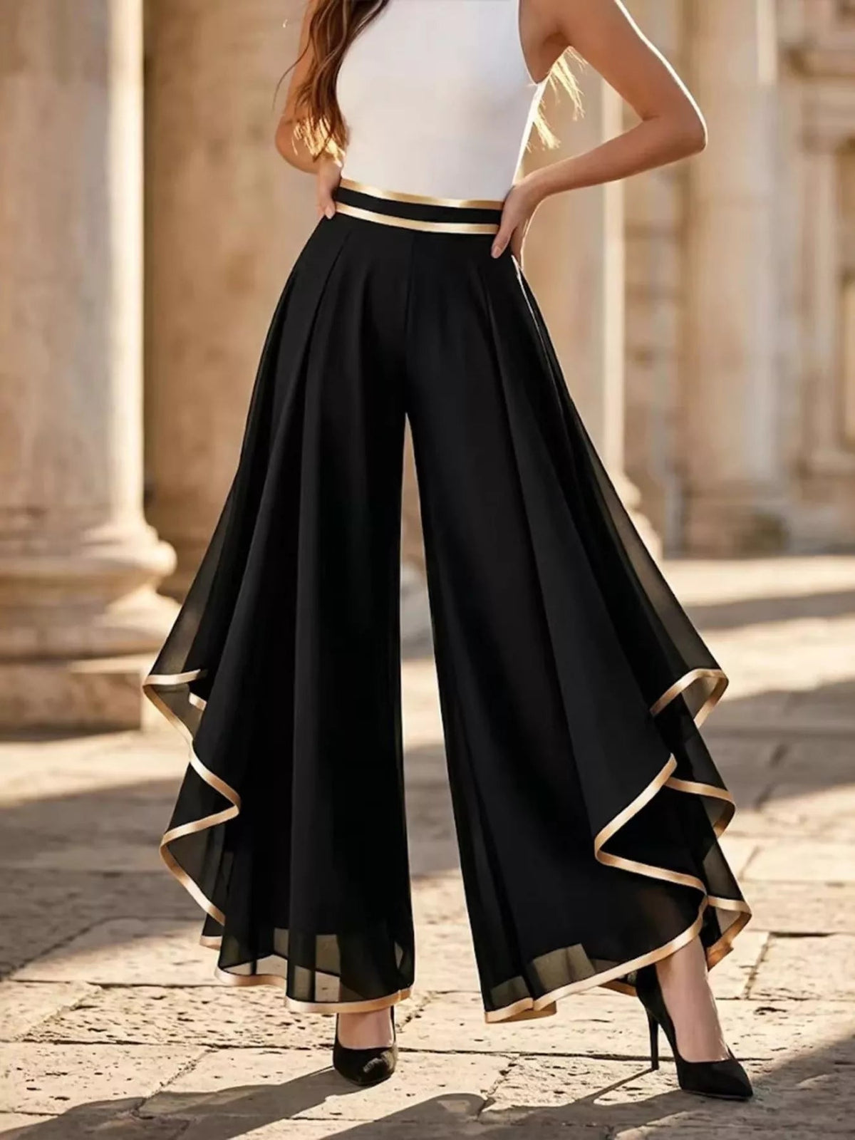 Full Size High-Waisted Chiffon Wide-Leg Pants Plus Size - Flip Flop Dynasty