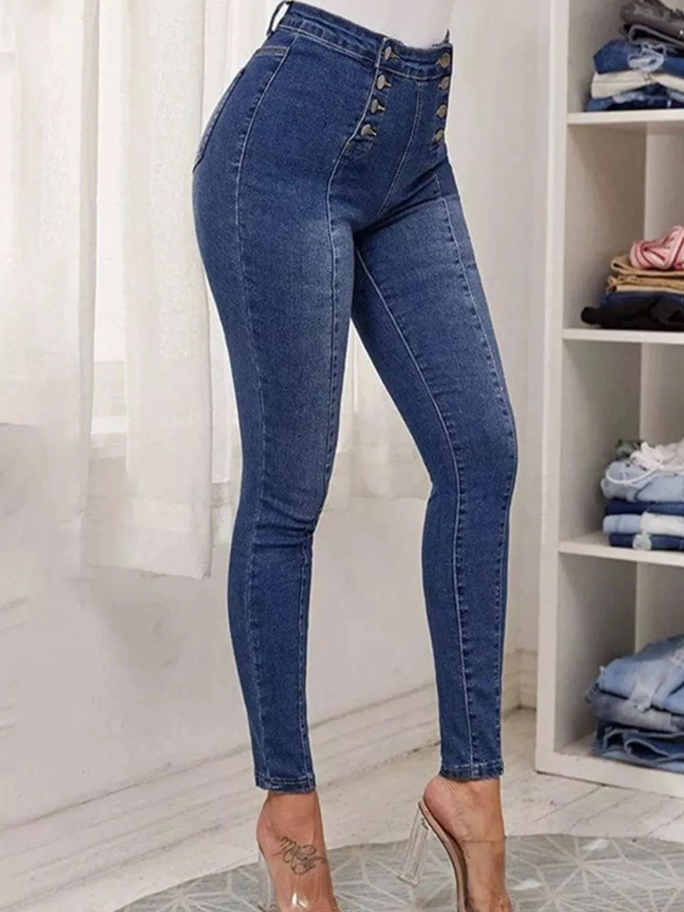 Full Size High - Waisted Double - Breasted Skinny Jeans Plus Size - Flip Flop Dynasty