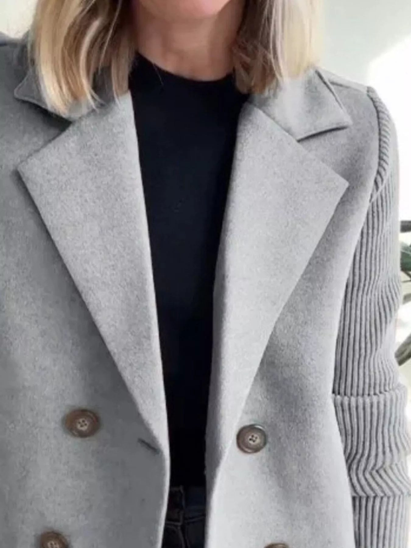 Full Size Knitted Sleeve Wool Blend Double - Breasted Blazer Plus Size - Flip Flop Dynasty