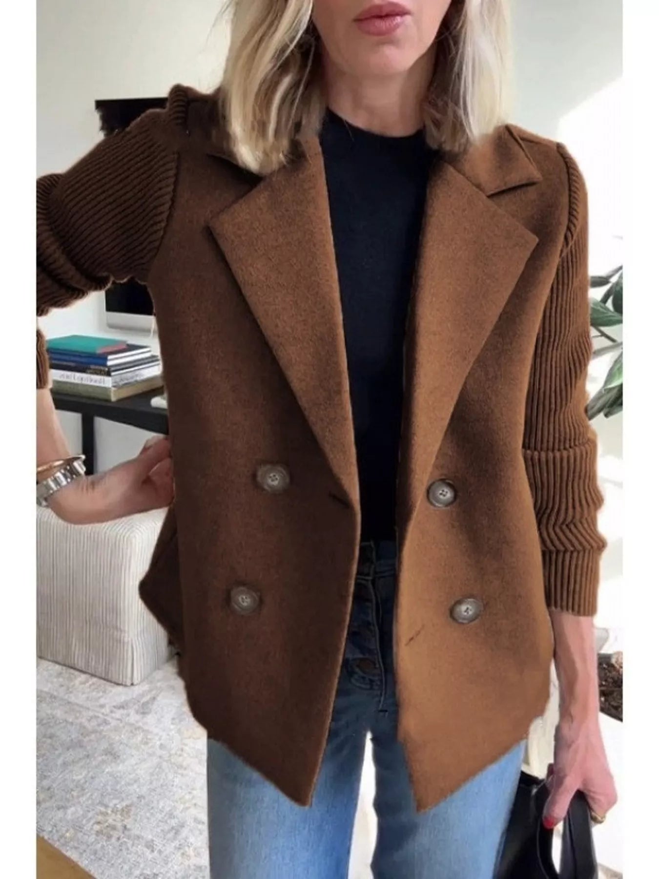 Full Size Knitted Sleeve Wool Blend Double - Breasted Blazer Plus Size - Flip Flop Dynasty