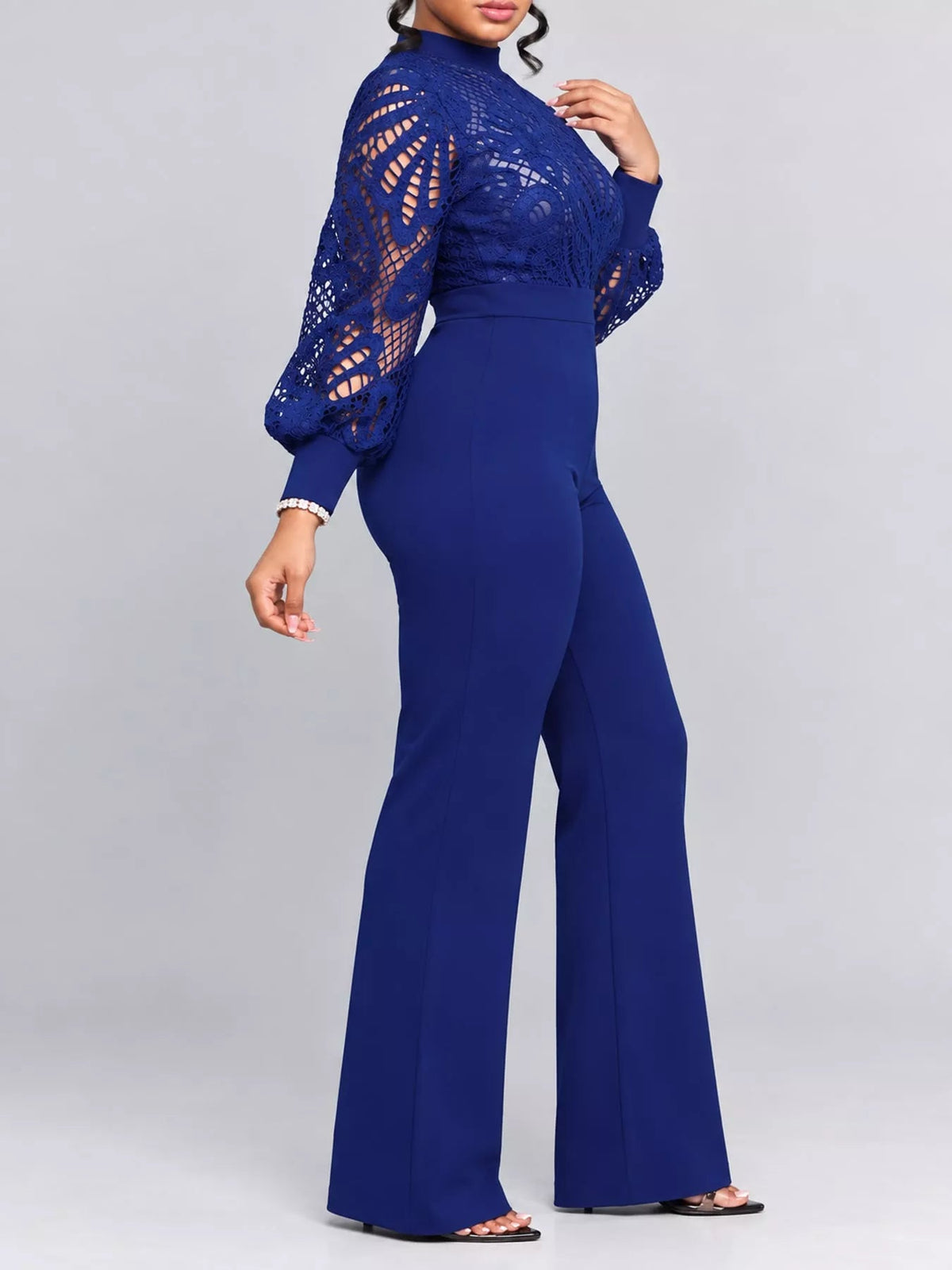 Full Size Lace Lantern Sleeve Flare Jumpsuit Plus Size - Flip Flop Dynasty