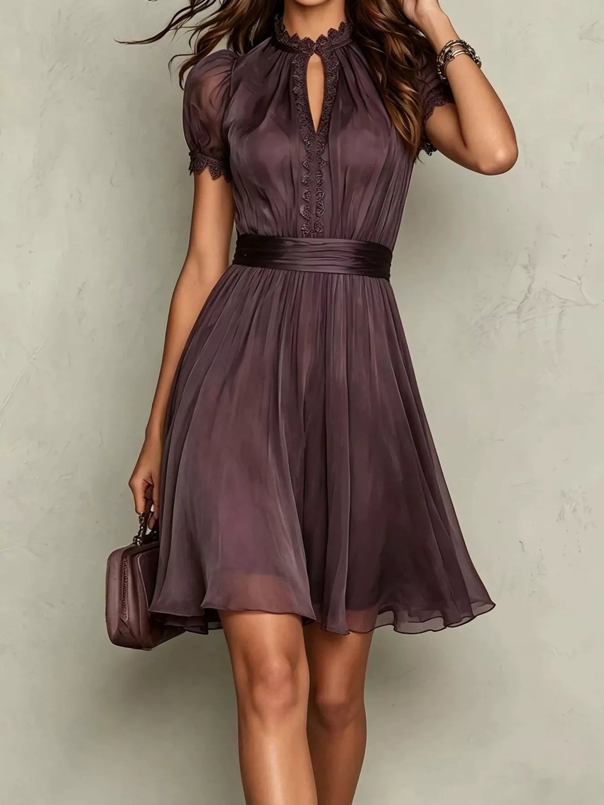 Full Size Lace Trim Puff Sleeve A-Line Dress Plus Size - Flip Flop Dynasty