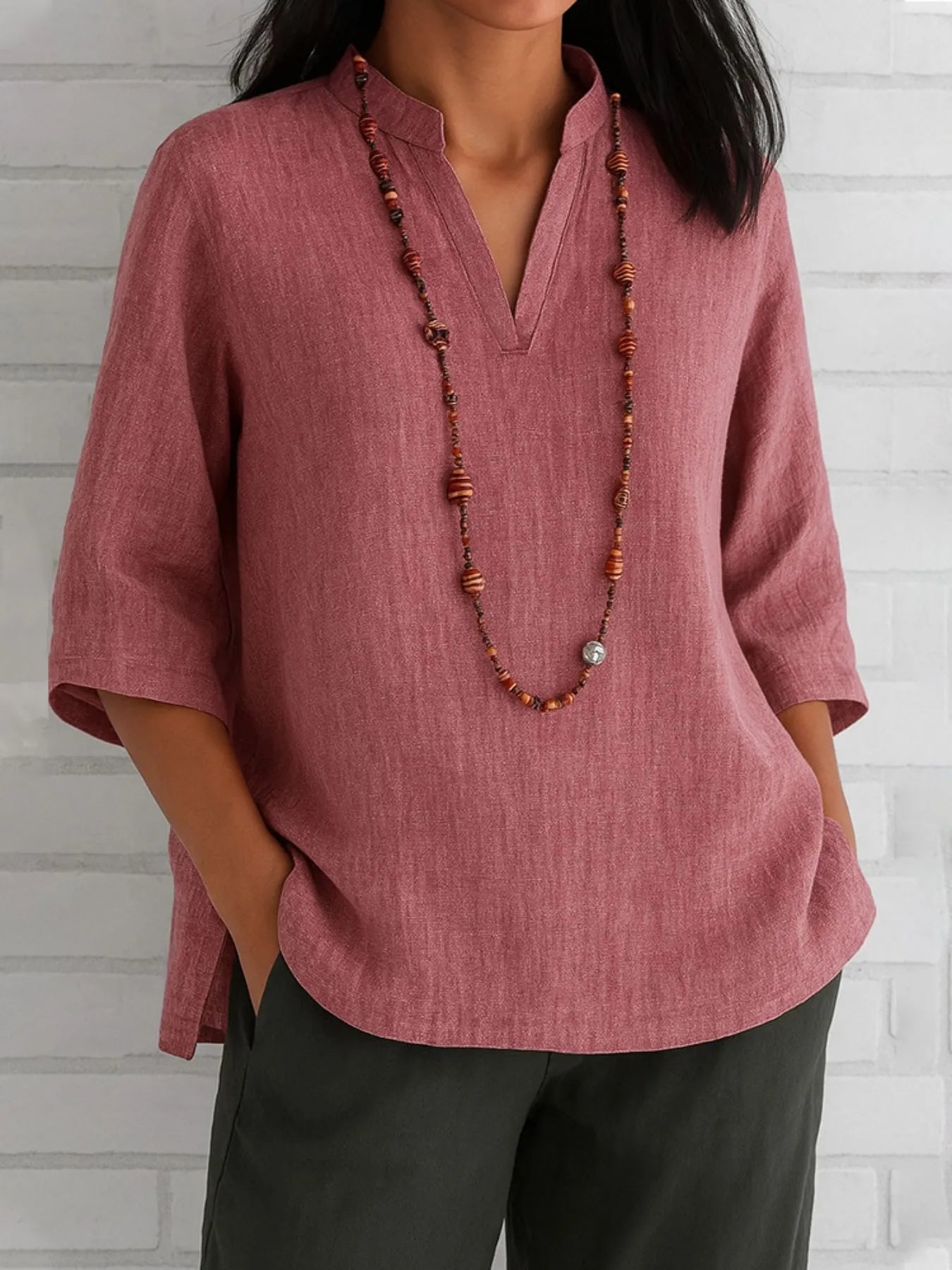 Full Size Notched Three - Quarter Sleeves Blouse Plus Size - Flip Flop Dynasty