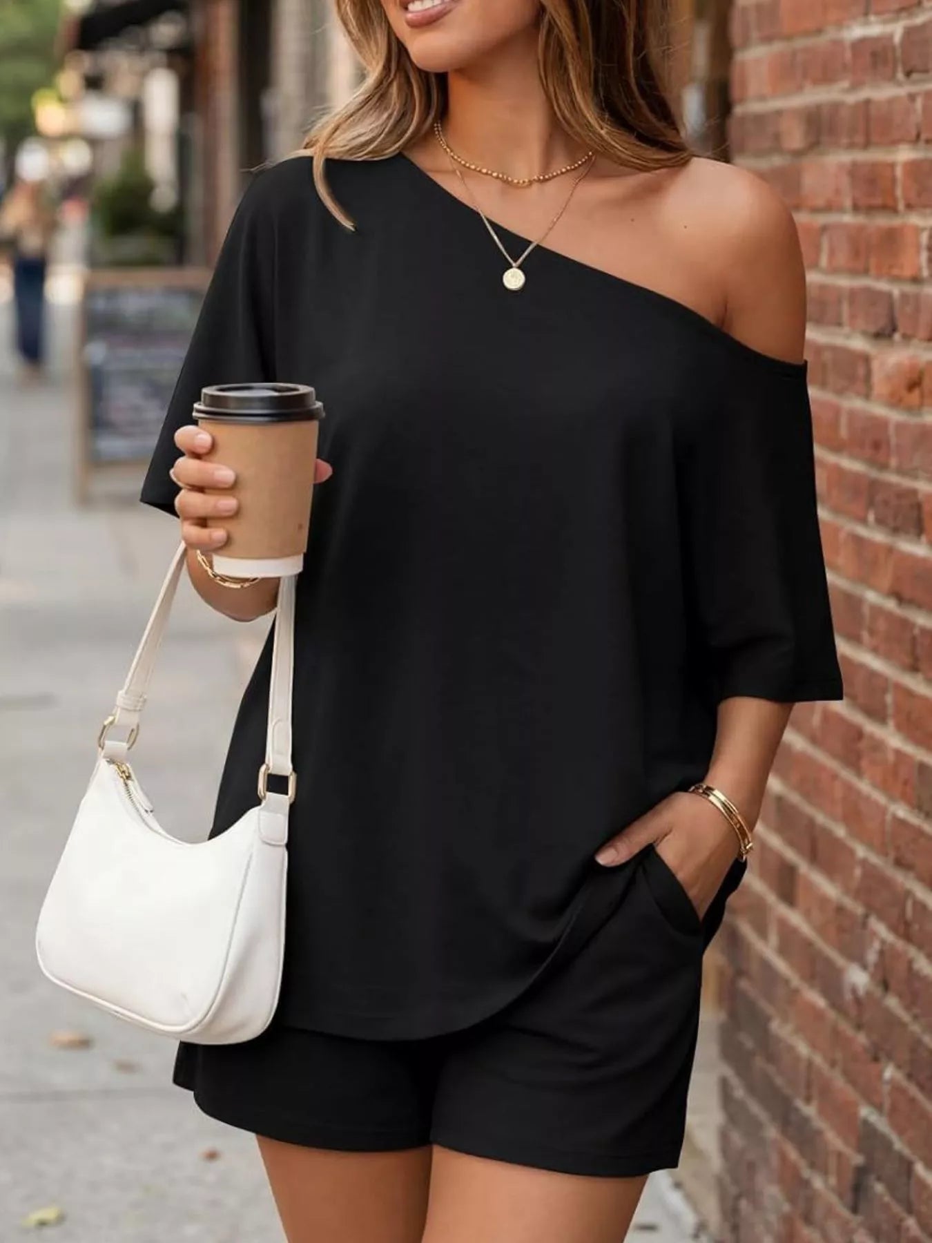 Full Size One Shoulder Top and Shorts Set Plus Size - Flip Flop Dynasty
