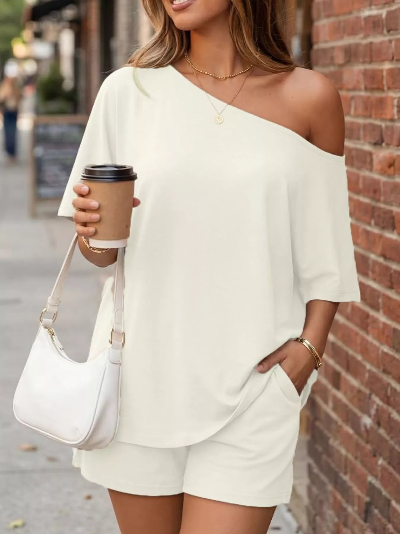 Full Size One Shoulder Top and Shorts Set Plus Size - Flip Flop Dynasty