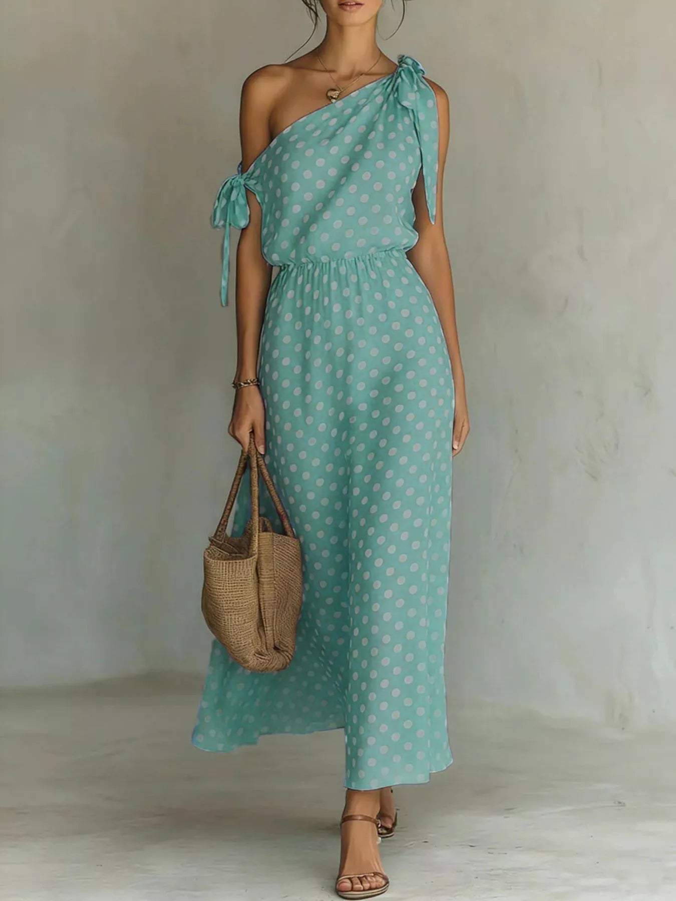 Full Size Polka Dot One - Shoulder Maxi Dress Plus Size - Flip Flop Dynasty