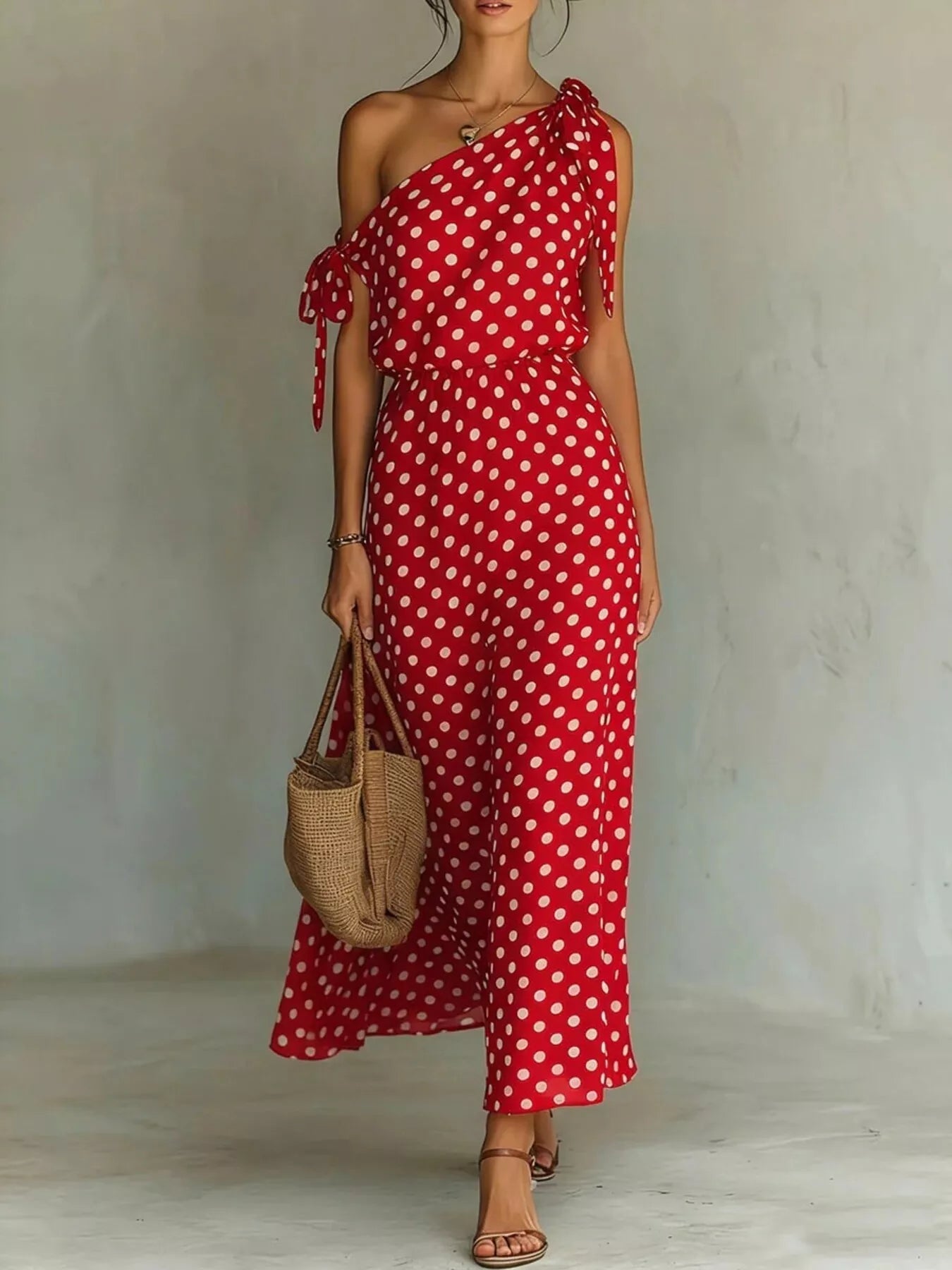 Full Size Polka Dot One - Shoulder Maxi Dress Plus Size - Flip Flop Dynasty
