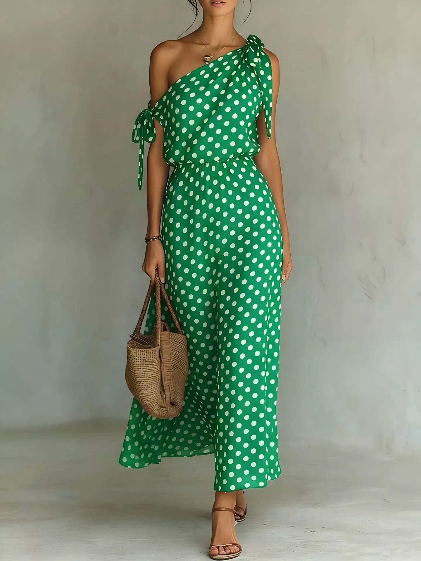 Full Size Polka Dot One - Shoulder Maxi Dress Plus Size - Flip Flop Dynasty