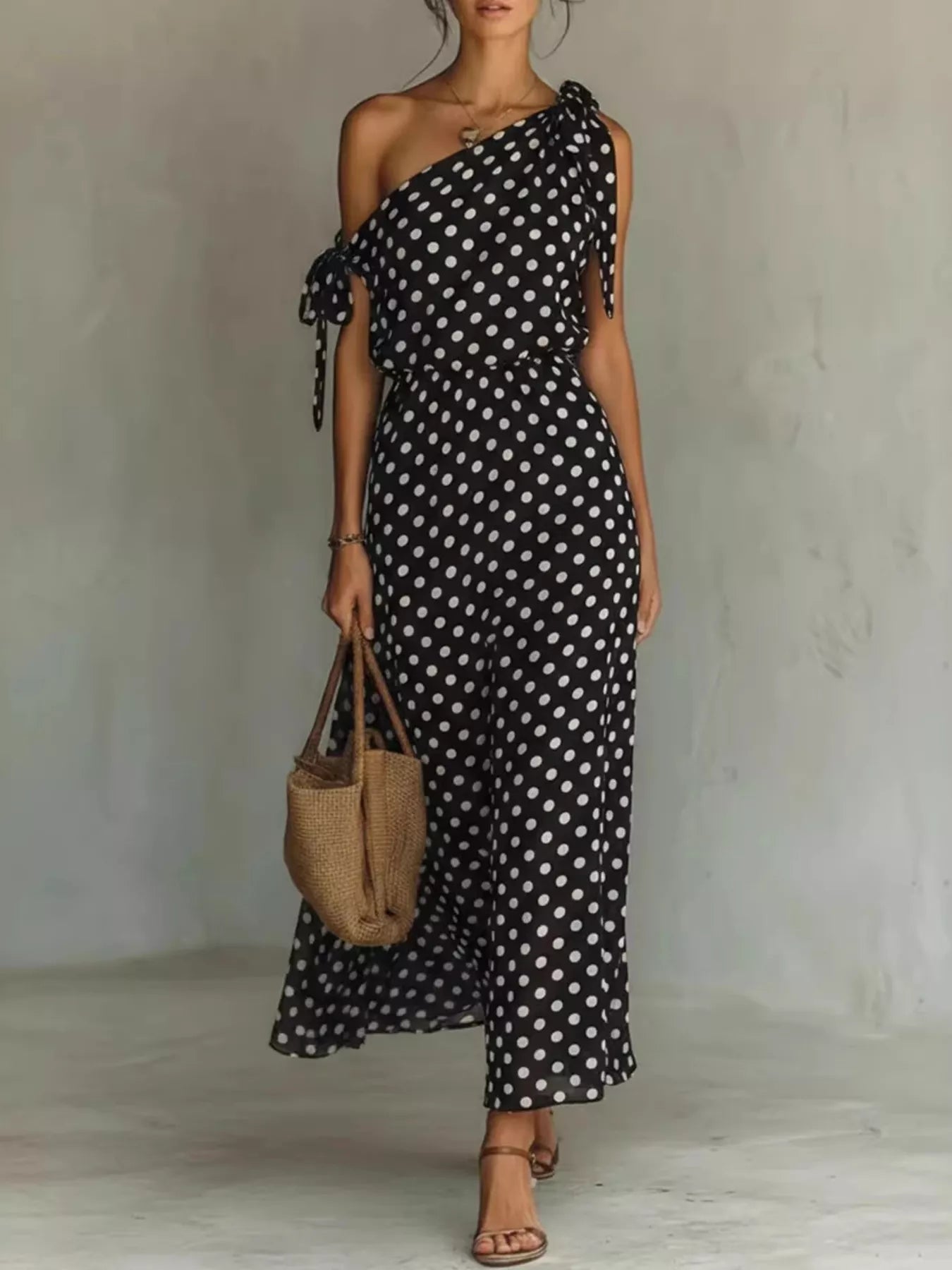 Full Size Polka Dot One - Shoulder Maxi Dress Plus Size - Flip Flop Dynasty