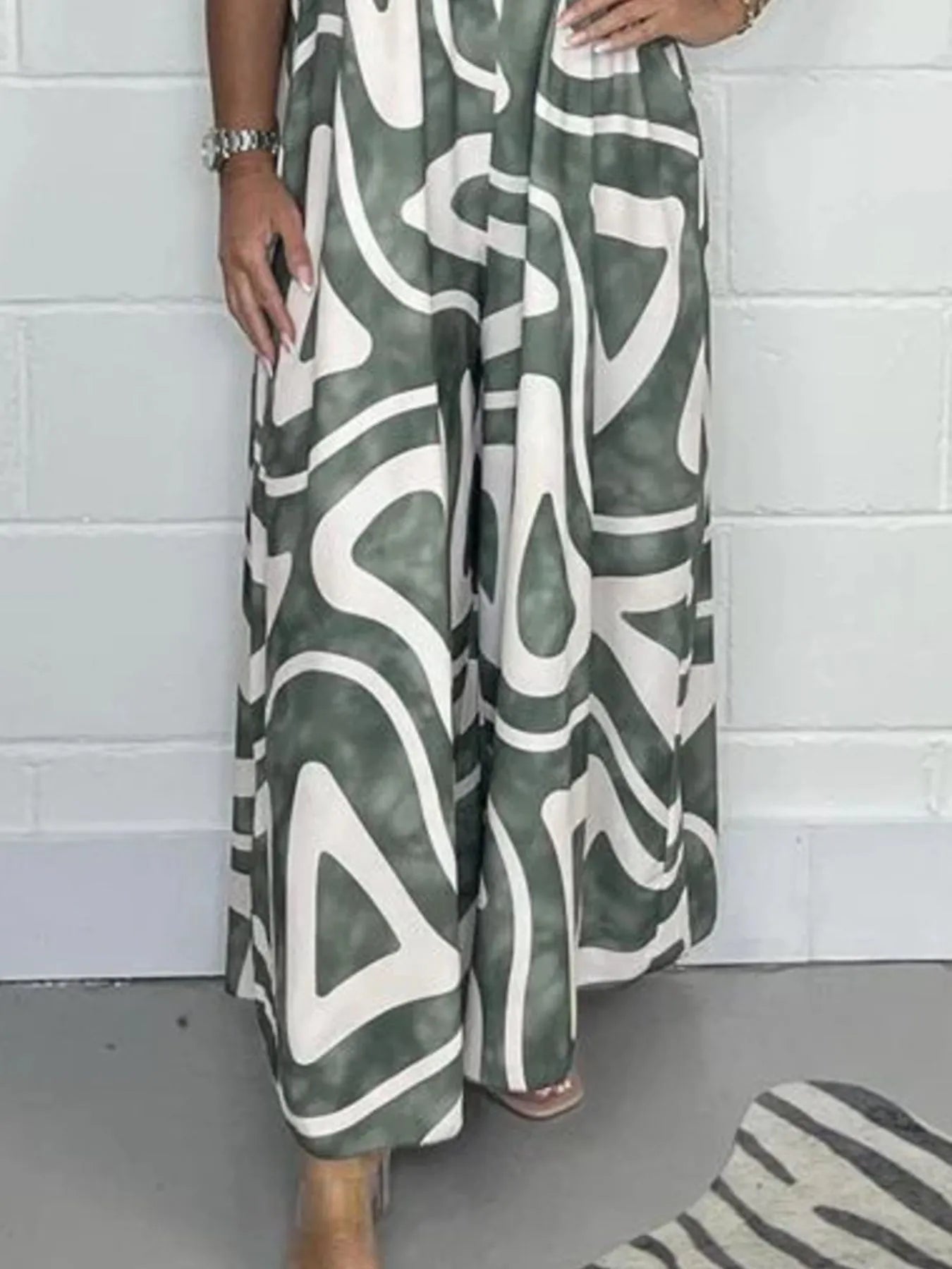 Full Size Printed Wide - Leg Jumpsuit with Flutter Sleeves Plus Size - Flip Flop Dynasty
