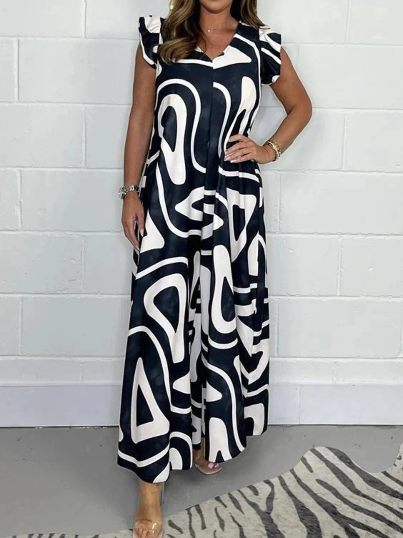 Full Size Printed Wide - Leg Jumpsuit with Flutter Sleeves Plus Size - Flip Flop Dynasty