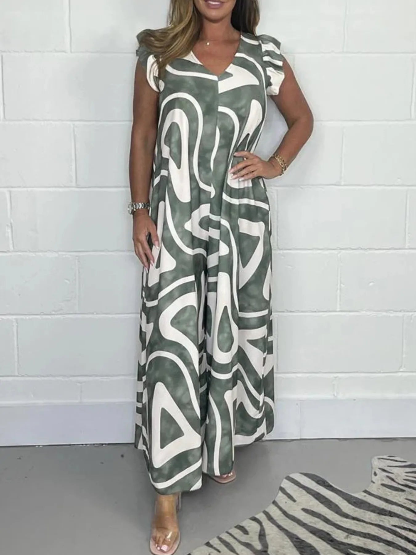 Full Size Printed Wide - Leg Jumpsuit with Flutter Sleeves Plus Size - Flip Flop Dynasty