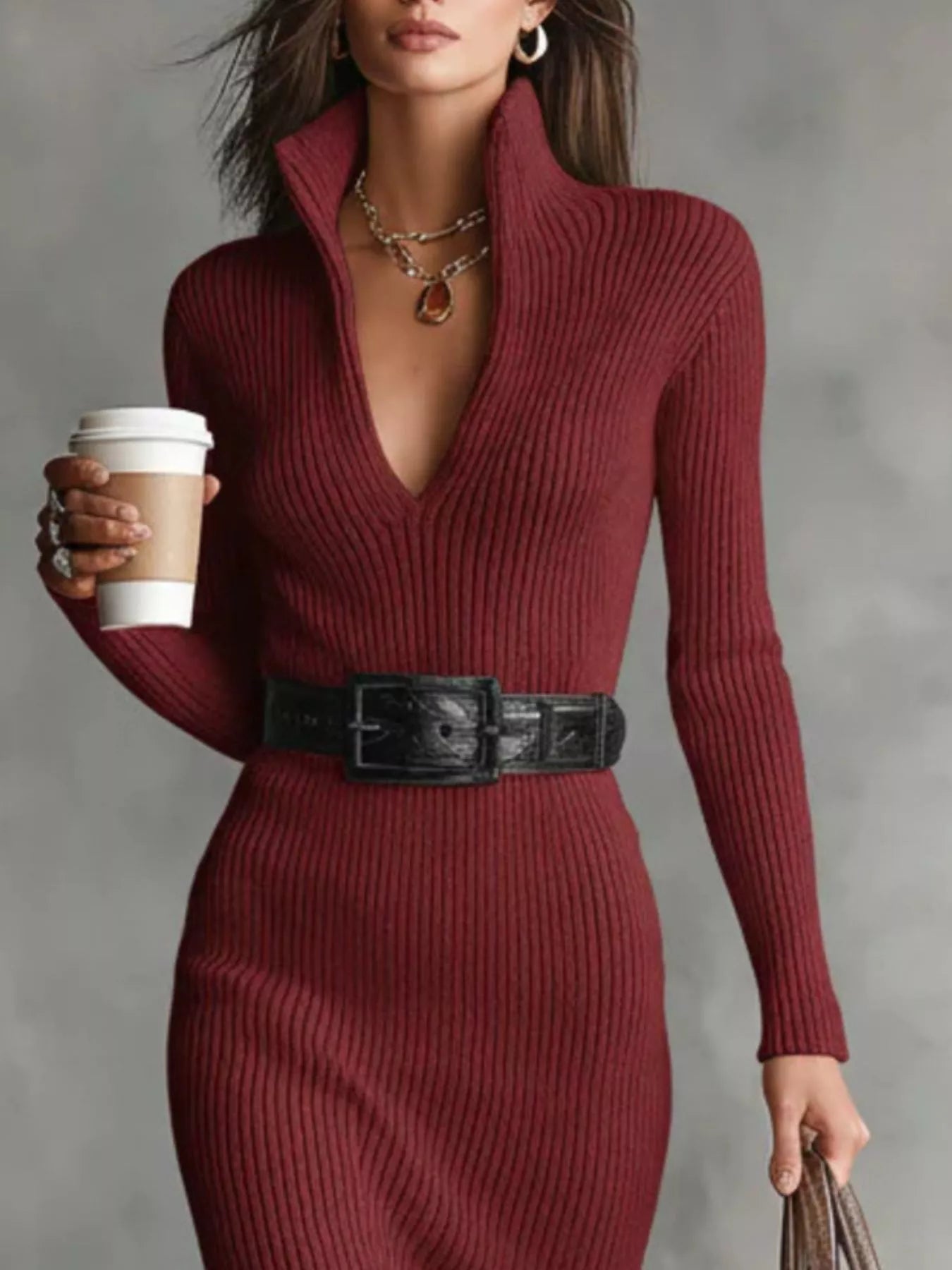 Full Size Ribbed Knit Turtleneck Sweater Dress Plus Size - Flip Flop Dynasty