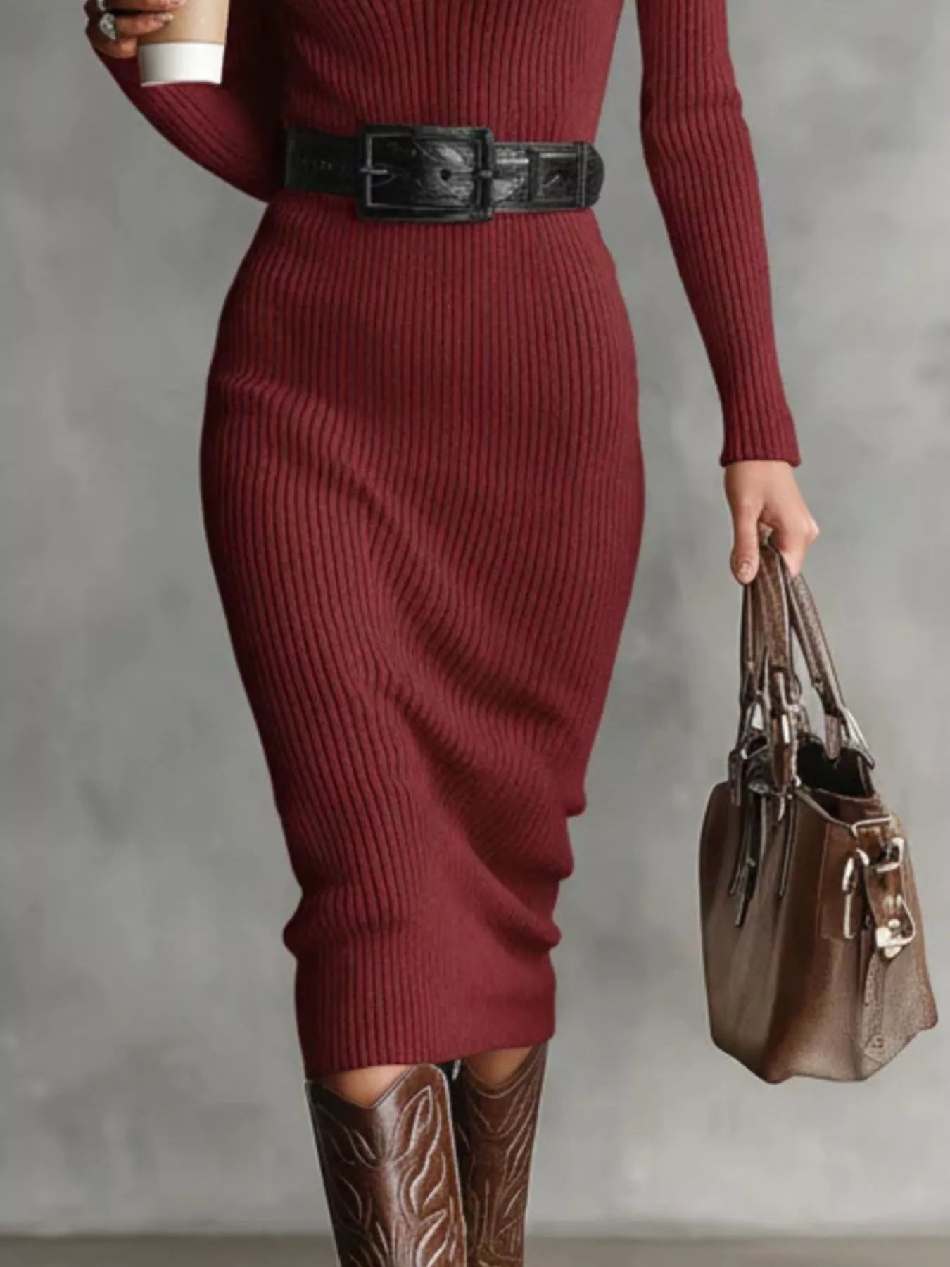 Full Size Ribbed Knit Turtleneck Sweater Dress Plus Size - Flip Flop Dynasty